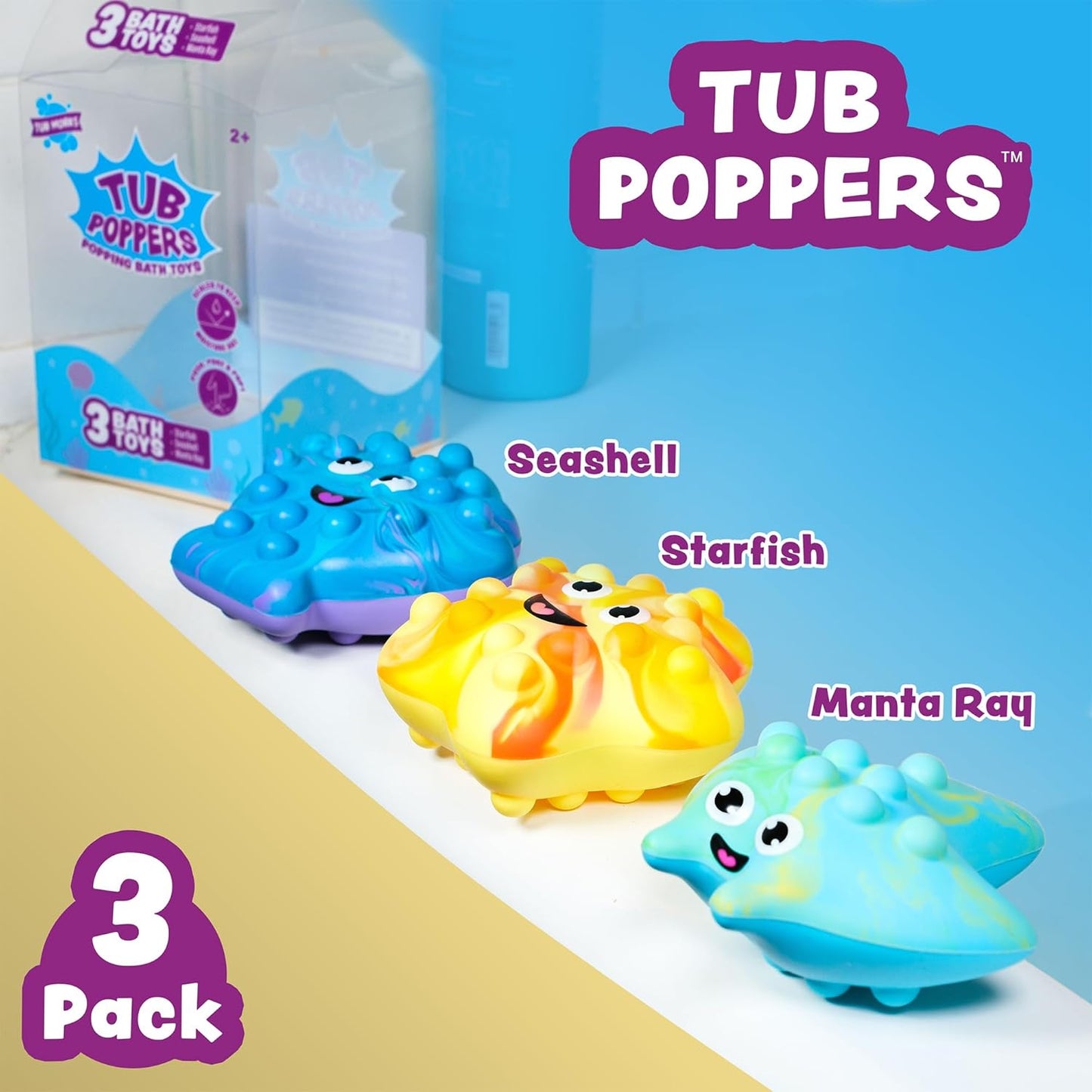 Tub Works® Tub Poppers™ Popping Kids & Toddler Bath Toys, 3 Pack | Push, Poke, Squish & Pop it Fidget Toys for The Bathtub | Irresistible Bubbles with Satisfying 'Pops' | Multi Sensory Kids Bath Toys
