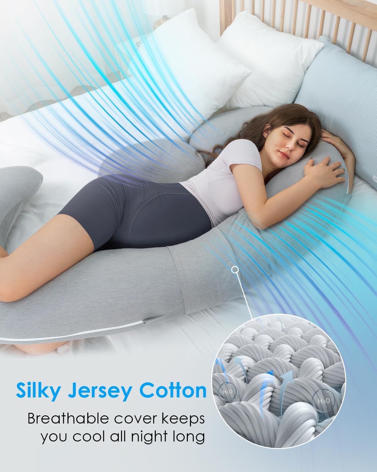QUEEN ROSE Cooling Pregnancy Pillows, E Shaped Maternity Pillow for Sleeping, with Extra Wedge Pillow for Belly Support, 55 Inch Detachable Body Pillow, Breathable Cover, Grey