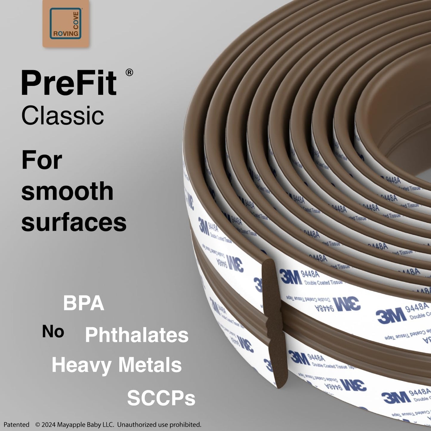 Roving Cove PreFit (Classic) Furniture Edge Corner Protector (Standard 15ft Edge 4 Corners), Baby Proofing Bumper Guards, Coffee Brown, Pre-Taped, for Straight Smooth Surfaces
