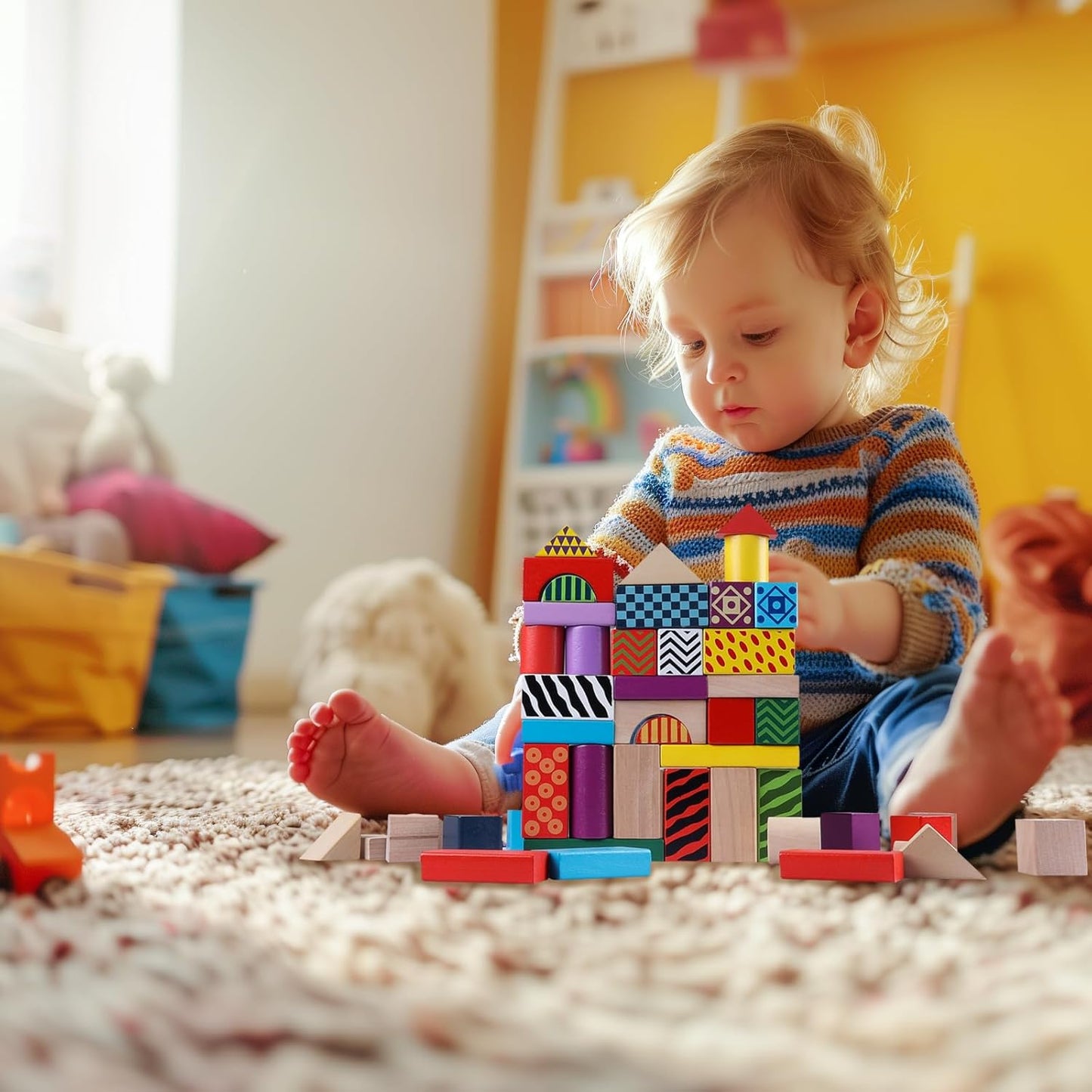Wooden Building Blocks for Toddlers 1-3, Montessori Shape Sorting & Stacking Toys, 50 Pcs Colored Wooden Blocks Set with Storage Bucket, Kids Building Toys, Stacking Blocks for Boys Girls