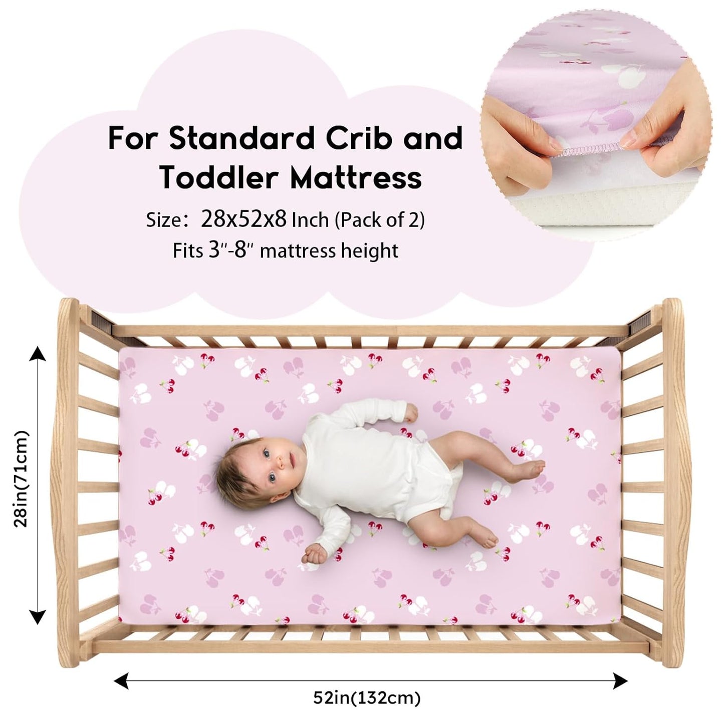 Yoofoss Baby Crib Sheets for Boys Girls, Fitted Crib Sheet 2 Pack for Standard Crib and Toddler Mattress, Super Soft Microfiber Baby Sheet 28x52x8in(Pink+Cherry)