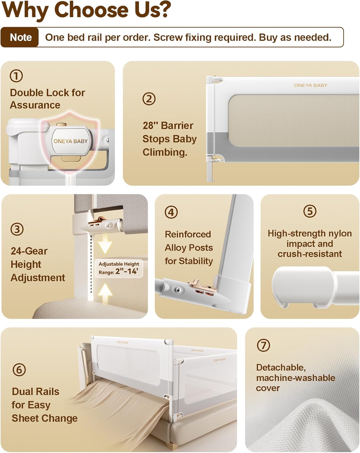 Baby Bed Rail Guard for Toddlers, Reinforced 60in Toddler Bed Rails for Queen Bed with Height Adjustable, Extral Tall Child Safety Side Railing Guards/Bedrail for Kids,White/Grey, 1 Side 54" Lx28 H