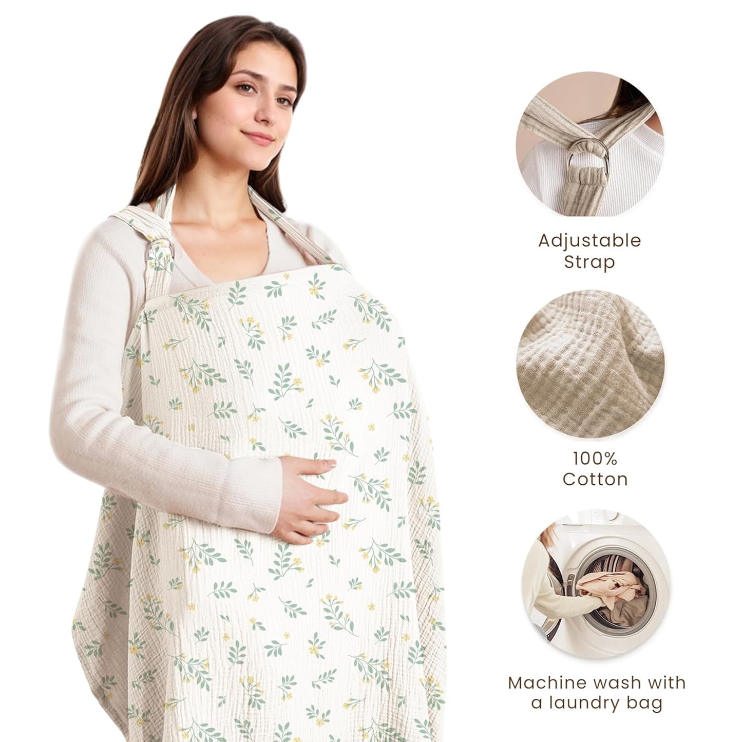 Konssy Muslin Nursing Cover for Baby Breastfeeding, Breathable 100% Cotton Breastfeeding Cover with Rigid Hoop for Mother Nursing Apron, Multi-use Carseat Canopy (Leafy)