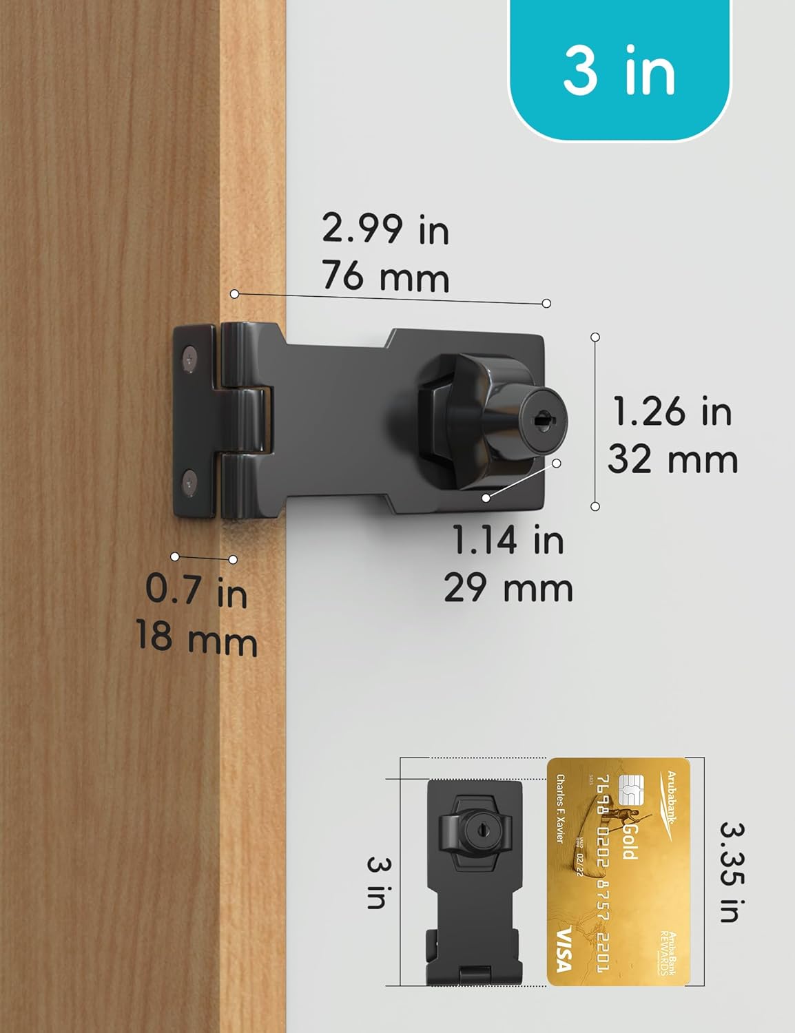 3 Inch Keyed Hasp Lock for Cabinets & Small Doors, Twist Knob Design, Heavy Duty Zinc Alloy with Chrome-Plated Iron, Includes Keys & Screws - Black, 3 Pack