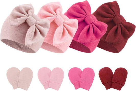 BQUBO Newborn Baby Hats Mittens Set Hospital Hat Beanie Infant Bow Hats Baby Gloves No Scratch Mittens for 0-6 Months