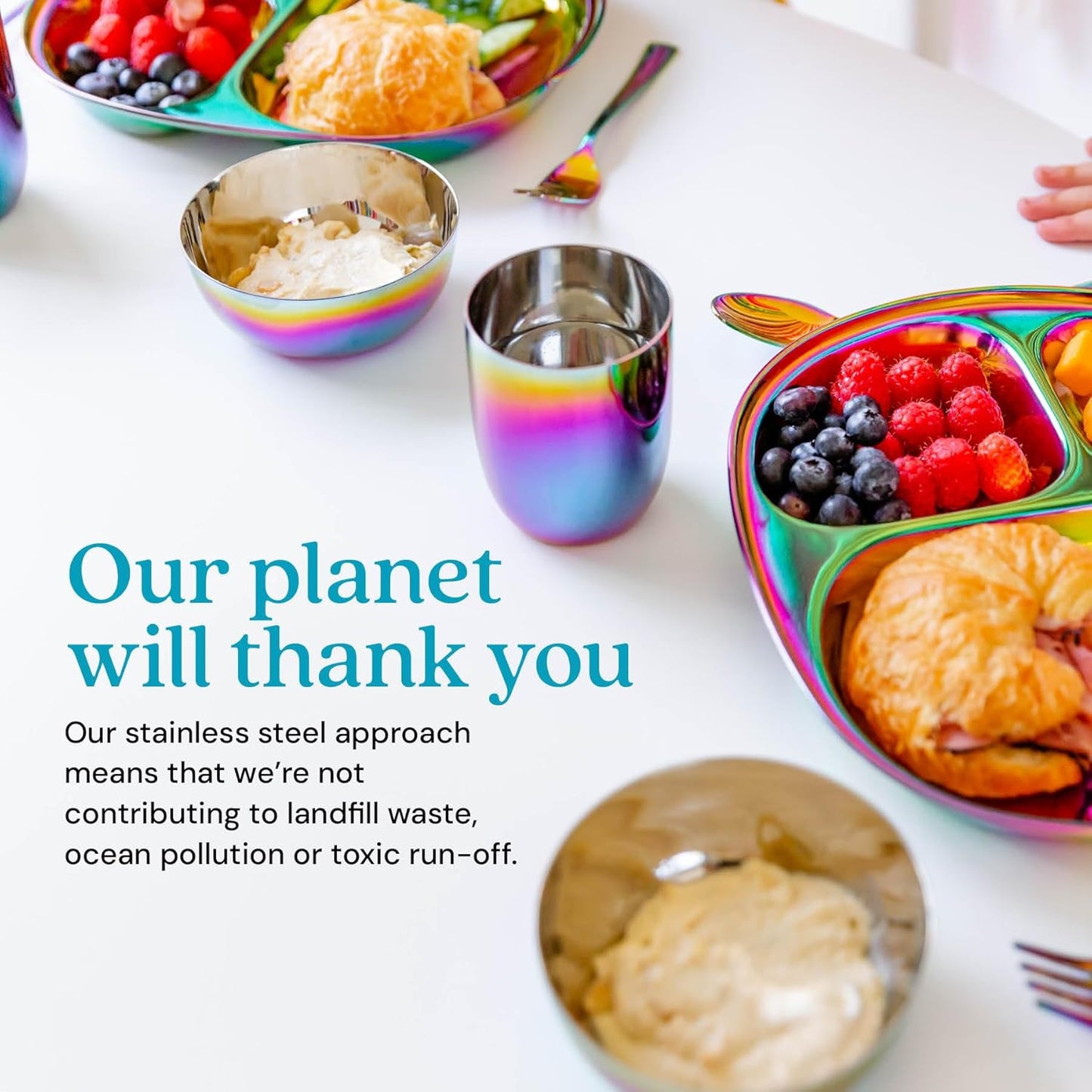 Ahimsa Stainless Steel Kids Dinnerware Set - 5 Piece Stainless Steel Toddler Plates and Bowls Set, Pediatrician Designed, Non Toxic Toddler Plate and Bowl, Kids Utensils and Cup (Rainbow)