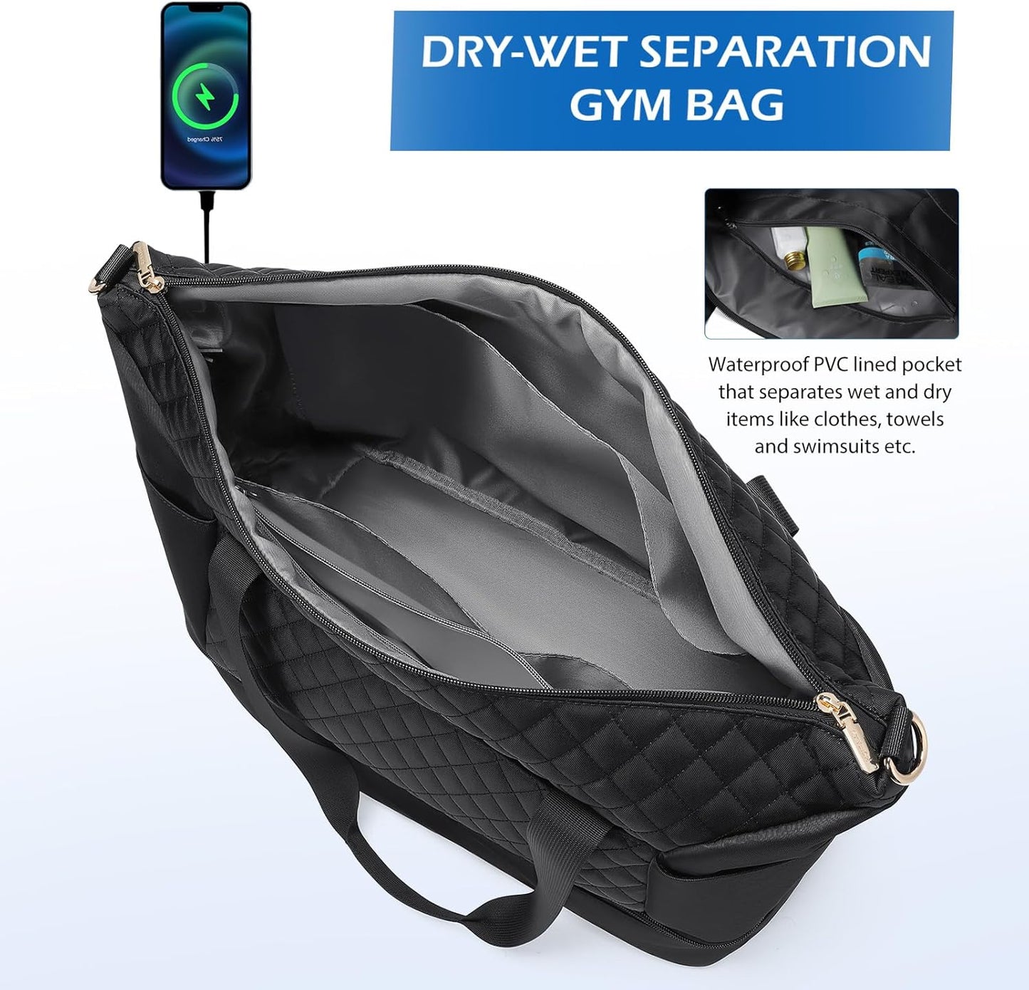 Travel Duffel Bag for Women Weekender Overnight Carry on Tote Duffle Bag Personal Item Bag with Shoe Compartment for Business,Trips,Travel,Sports,Gym,Yoga,Hospital, 3 Pcs Set, 43L,Black