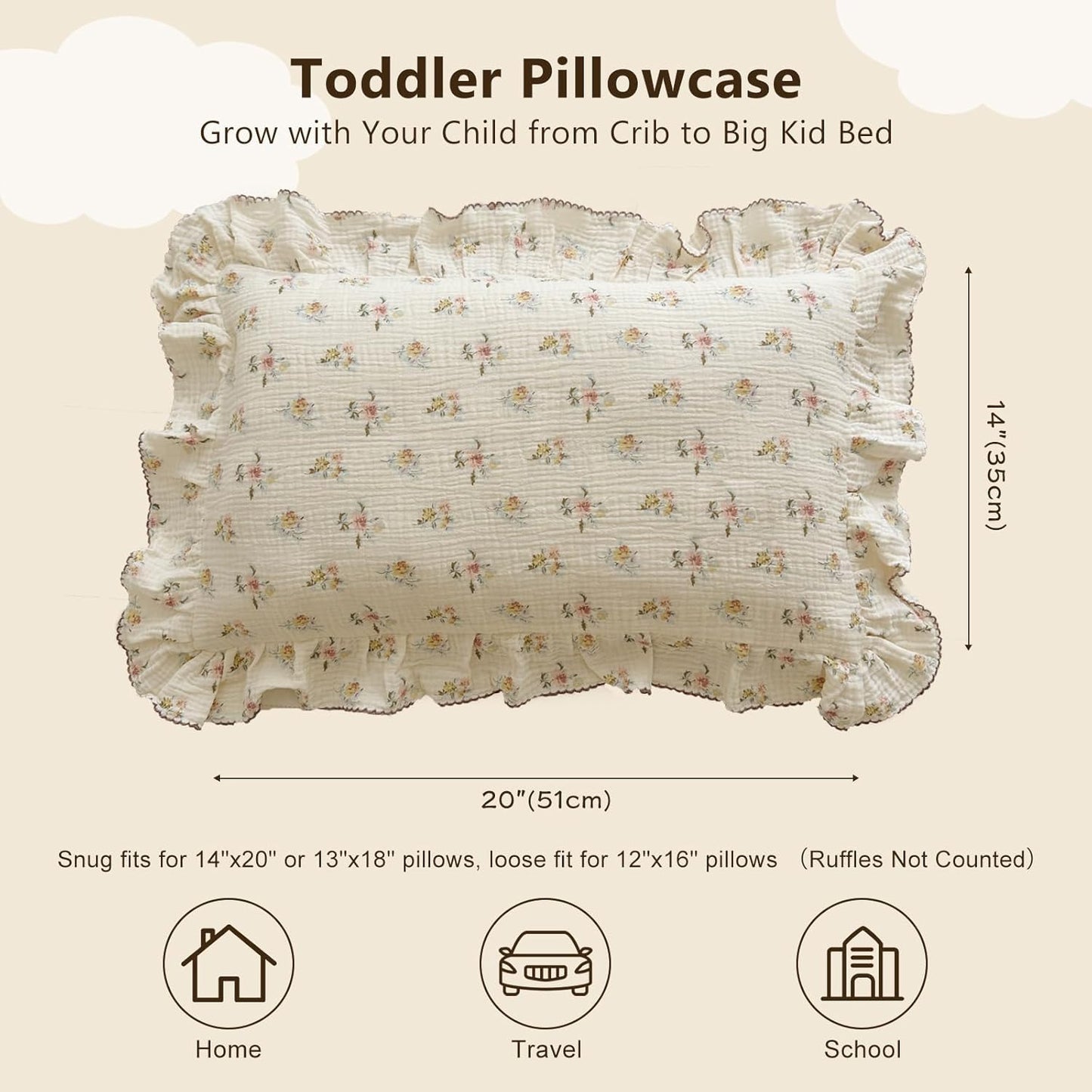 BuLuTu Cotton Muslin Kids Toddler Pillowcase with Cute Azalea Flowers Pattern Super Soft Crib Nursery Pillowcase for Boys,Girls,Bedding Decor Machine Washable, Durable Pillowcase,1 Piece,14"x20"