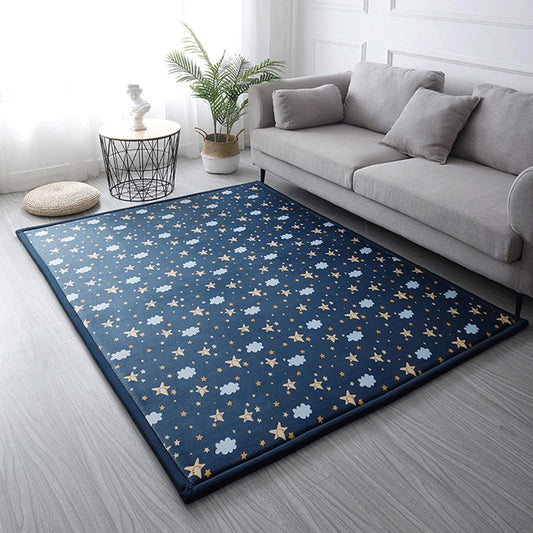 Loartee Coral Velvet Area Rug - 1" Thick Memory Foam Baby Play Mat, Washable Toddler Carpet, Home Decor for Living Room, Nursery, Kids Bedroom, Starry Blue, 4'11"x4'11"