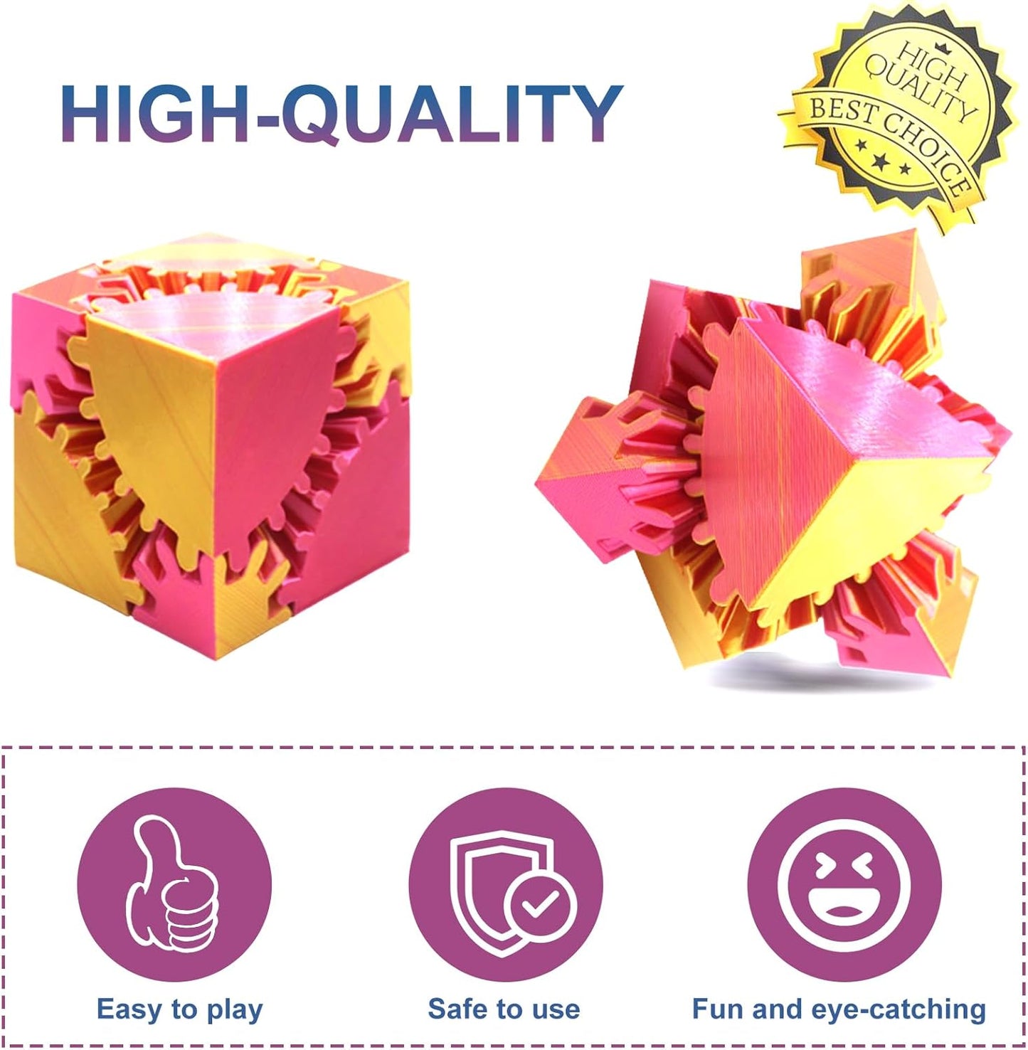 Gear Sphere Gear Cube 3D Printed Gear Ball Spin Cube Fidget Toy Relieving Stress & Anxiety, Fidget Cube GearSphere Desk Toy, Whirling Wonder Fidget for Sensory and Autism (Laser Red Gold)