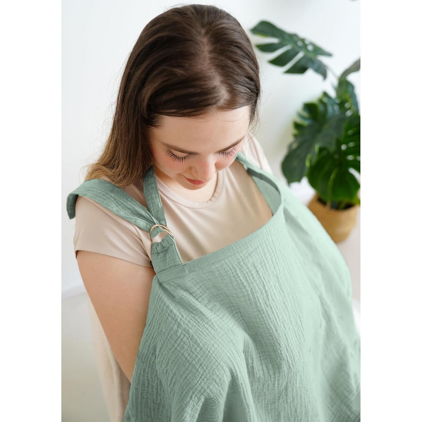 Muslin Nursing Covers for Breastfeeding, Privacy Breast Feeding Cover with Arch Neckline for Mom and Baby, Breathable 100% Cotton Nursing Apron Multi-use Stroller Cover