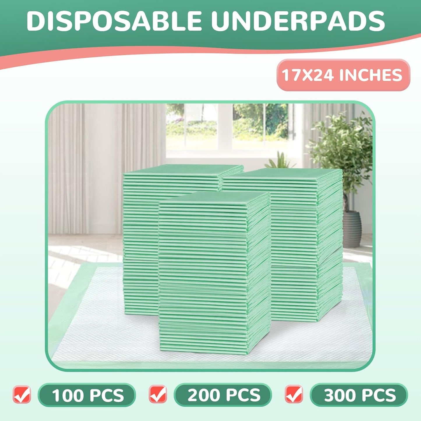Disposable Underpads 17"×24"(200 pcs) Light Absorbent Bed Pads Small Chucks Pads for Kids, Puppy, Cat and Tioilet