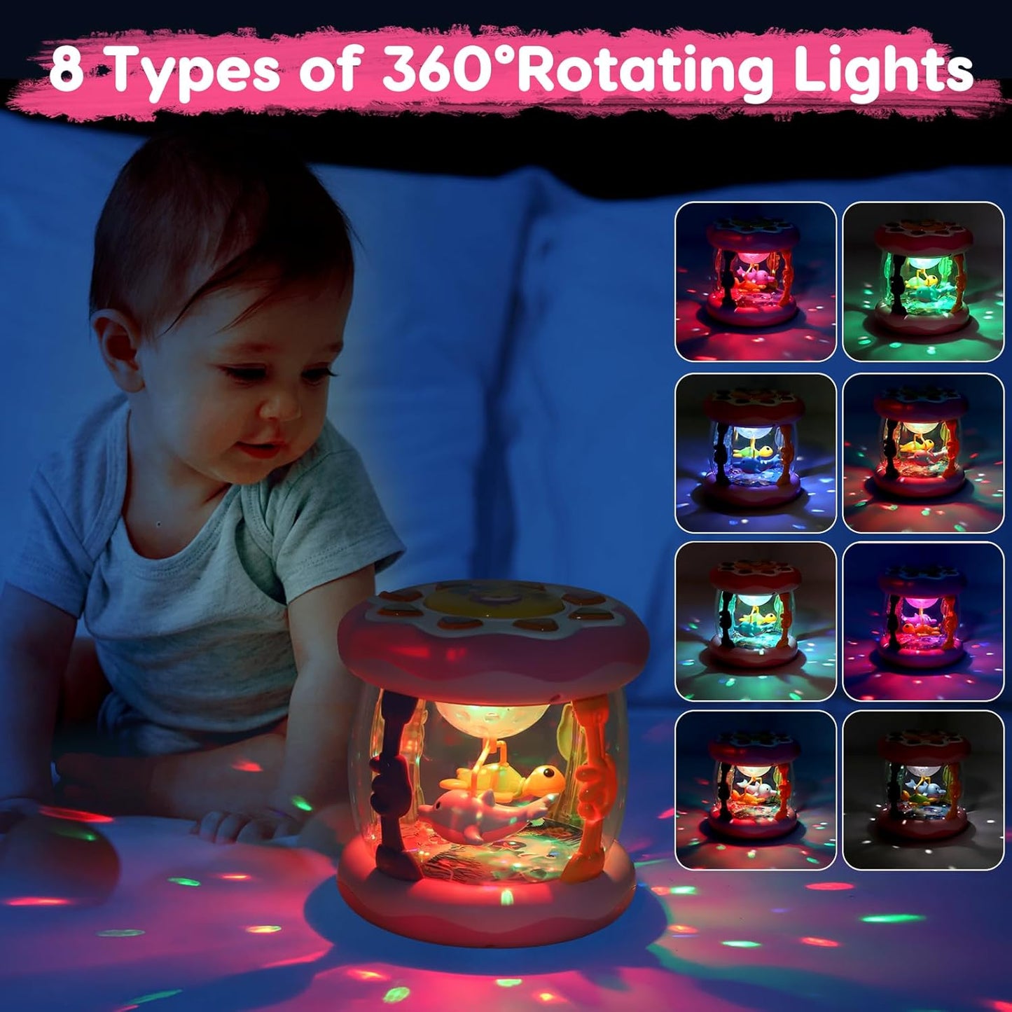 Baby Musical Light Up Toys 0-6 Months Tummy Time Ocean Projector Rotating Infant 0-3 4 5 6 7 8 9 Months Baby Aquarium Crawling Pink Toys Babies 6-12 Month Girls 1 2 Year Old Birthday Newborn Gifts