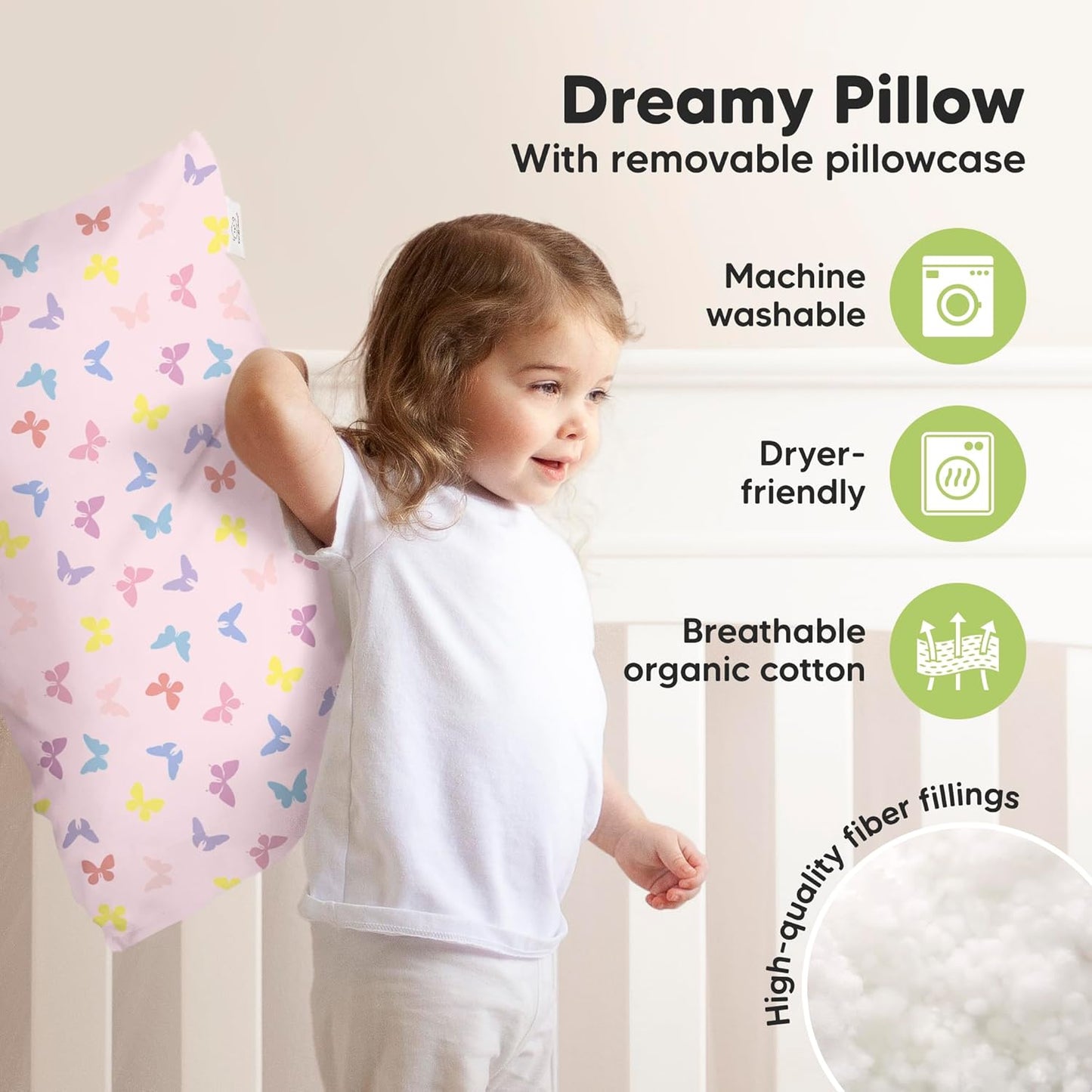 KeaBabies Toddler Pillow with Pillowcase, Jumbo 14X20 - Soft Organic Cotton Toddler Pillows for Sleeping - Machine Washable - Perfect for Travel, Toddler Bed Set (Flutter)