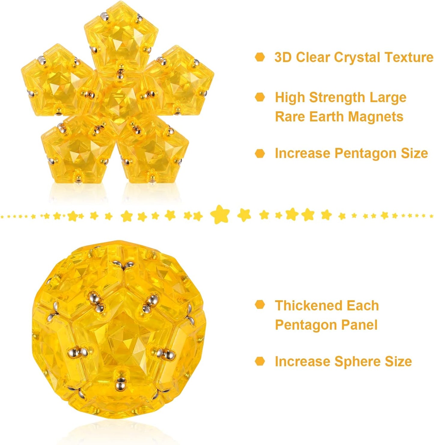 RoomyRoc Magnetic Fidget Sphere - Pentagons Magnets Balls - 12 Piece Set - Crystal Orange - Magnet Fidgets Toy - Creativity Beyond Imagination, Inspirational, Recreational, Desk Toys for Adults