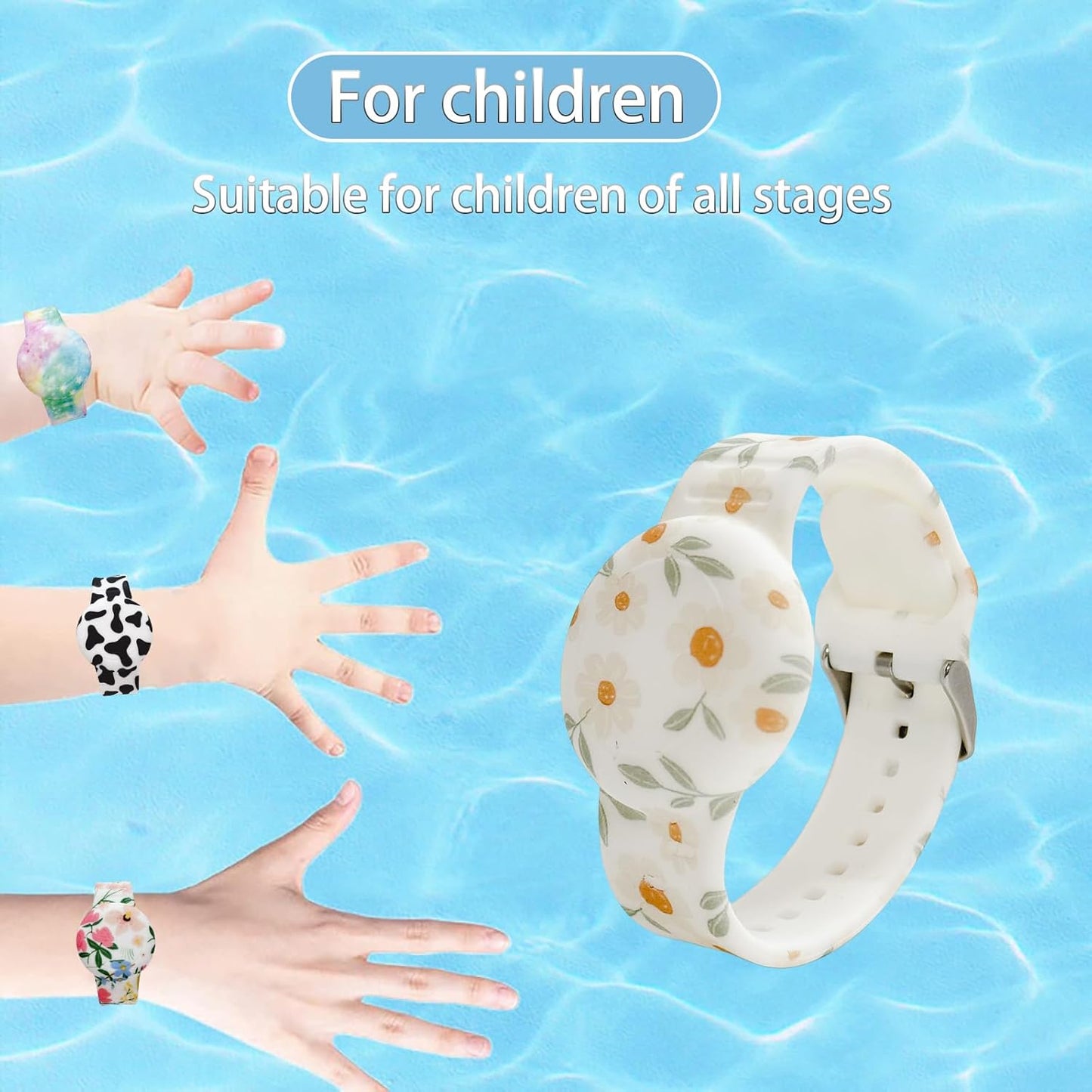 Waterproof Bracelet for airtag Kids, Soft Silicone Hidden Holder Case Compatible with Apple Airtag, Adjustable Anti-Lost Printed Strap GPS Traker for Toddler Child(White Flower)