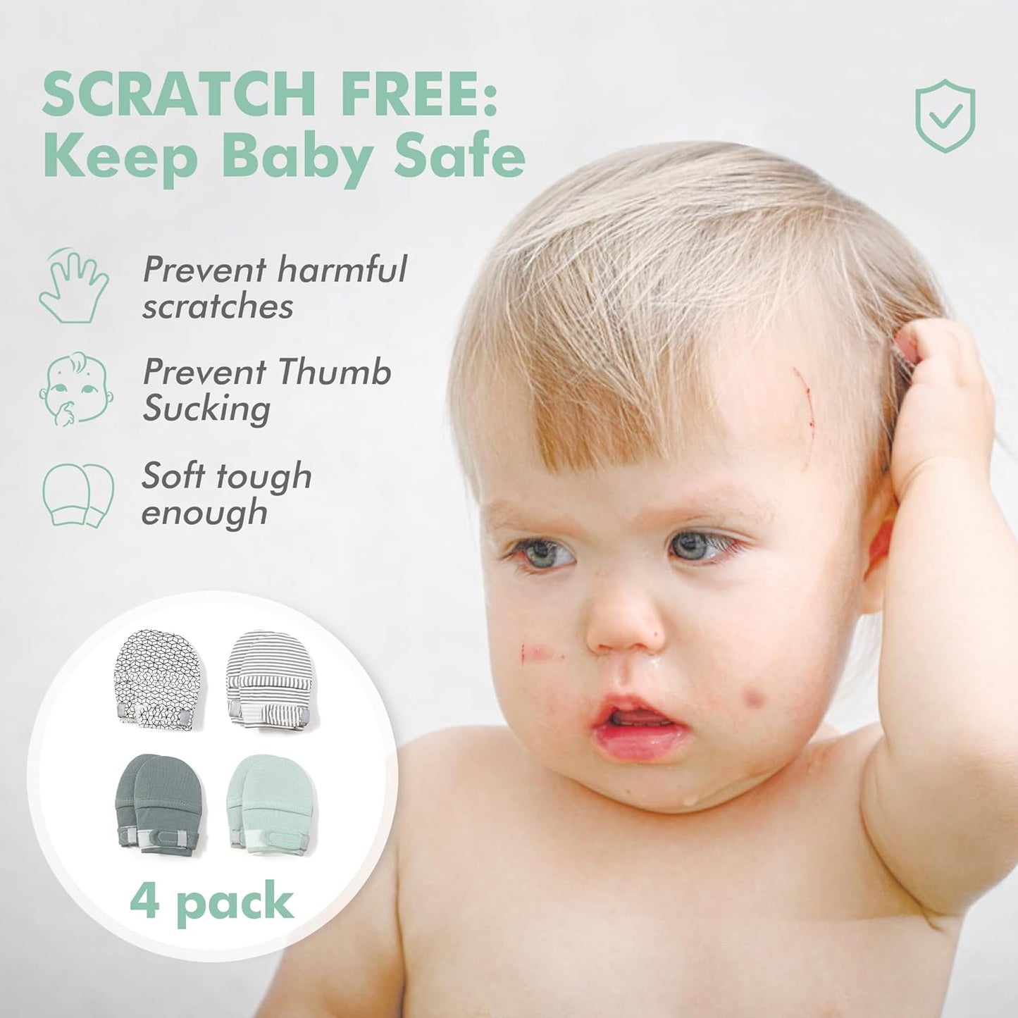 HAPIU Baby No Scratch Mittens Stay On, 100% Cotton Breathable, Adjustable Infant Gloves for Boys Girls, Newborn - 12 M