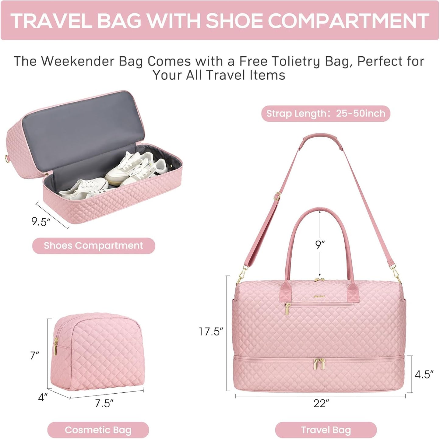 Travel Weekender Bags for Women - Large Duffle Bag with Shoe Compartment Carry On Overnight Bag with Toiletry Bag Pink Duffel Bags with Wet Pocket for Gym Hospital Bags for Labor and Delivery