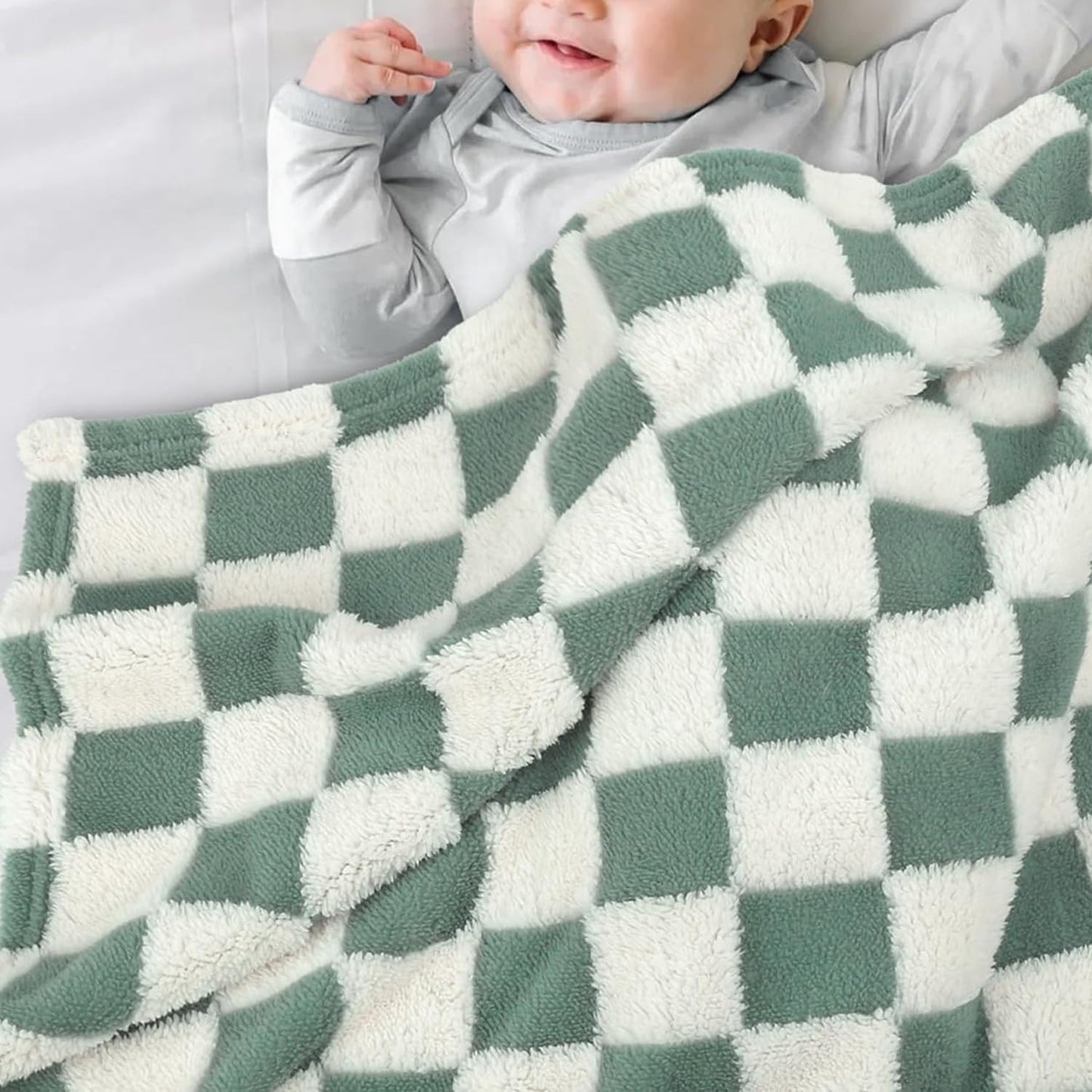 HOMRITAR Checkered Baby Blanket for Boys Sage Green Soft Fluffy Fuzzy Blankets with 3D Chessboard Grid, Warmer Comfort Reversible Lightweight Bed Blanket for Toddlers Infant or Newborn 30 x 40 Inch
