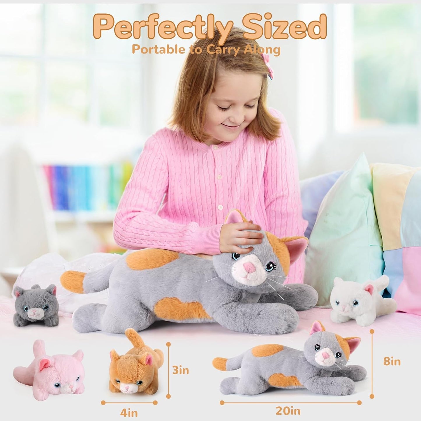 5 Pieces Cat Stuffed Animals with Babies Inside Belly - 1 Mommy Stuffed Cat with 4 Kittens - Stuffed Kitty Plush Toys for Kid Age 3-8, Gift Ideal for Christmas, Valentine's, Birthday (Grey)