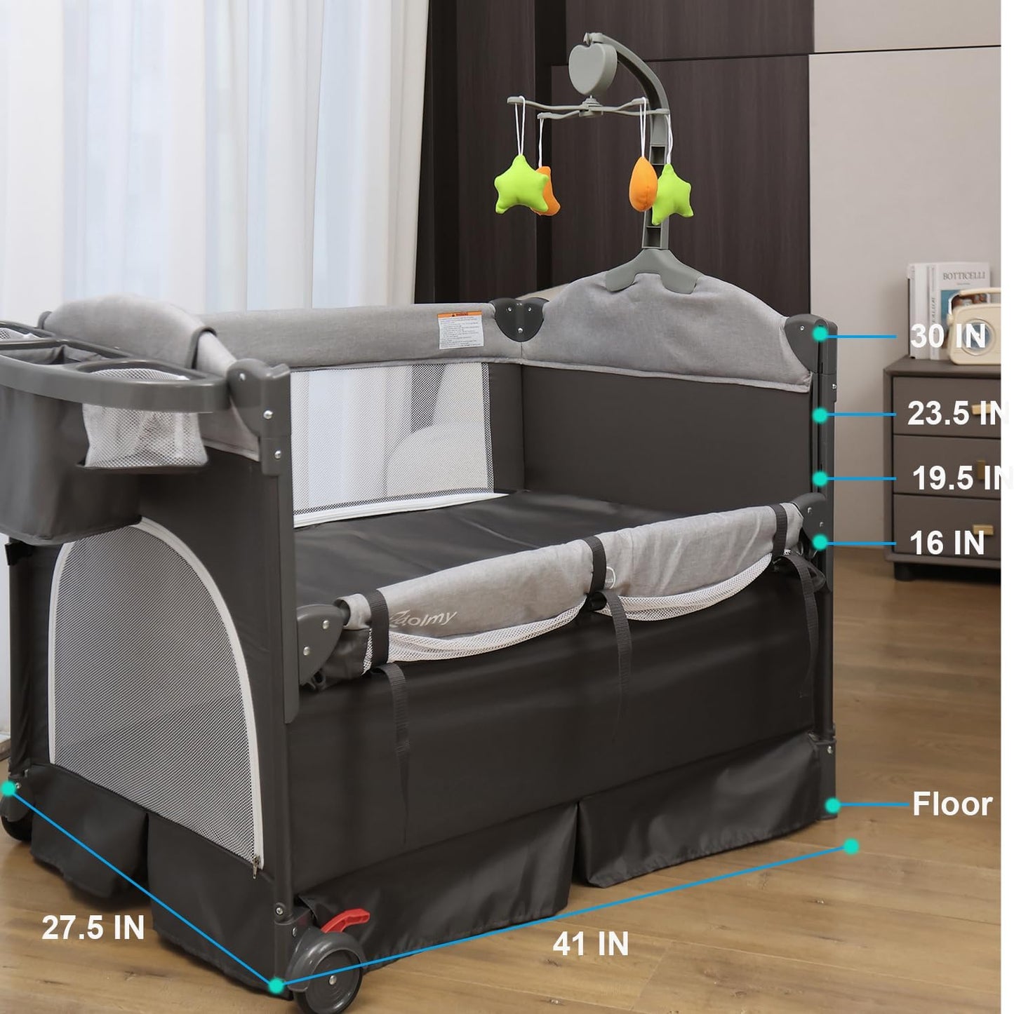 Zdolmy Baby Bedside Sleeper Bassinet, 4-in-1 Pack and Play with Bassinet w/Diaper Changing Table & Storage Bag, 3 Adjustable Heights, Toy Arch & Music, Portable Baby Play Yard with Carry Bag