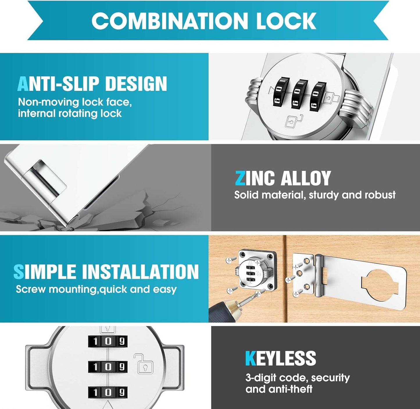 4.5 in Mechanical Combination Swing Hasp Lock, Combination Cabinet Lock, Small Door Security Latch for Cabinets, Drawers, Closets, Storage Cabinets and Barn Doors (Silver-1pc)