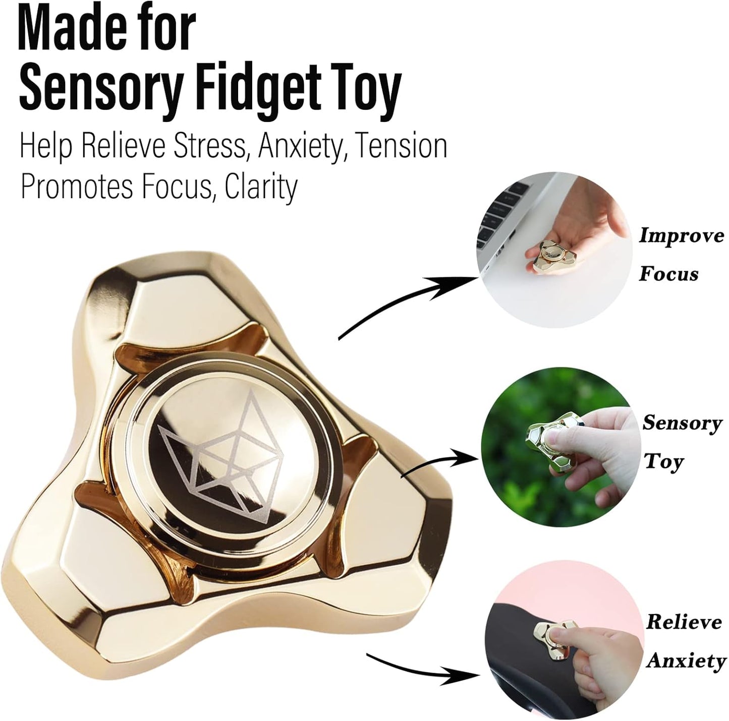 FREELOVE Metal Fidget Spinner, Stainless Steel Heavy, Long Spinning Toys, Cool Silent, Small Mini Fox Figette Spiner for Adults Men Anxiety, Quiet Bearing, Gold