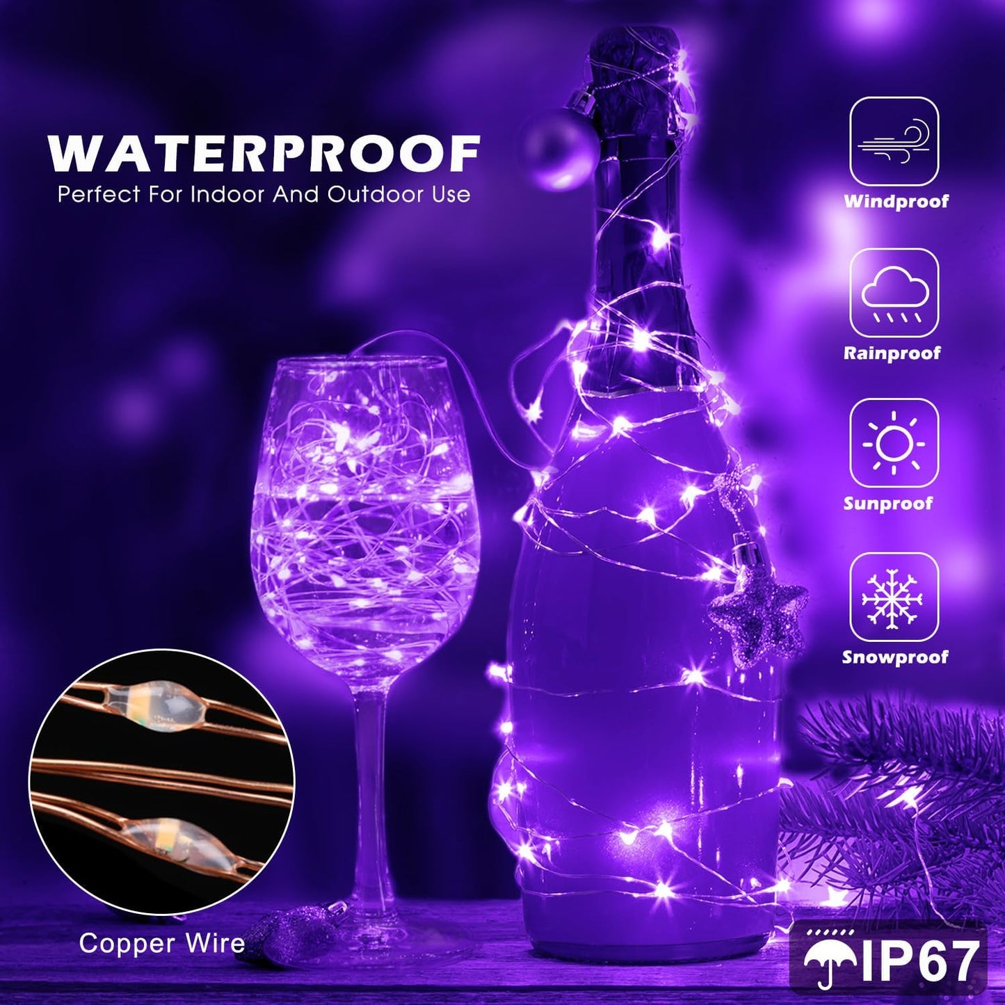 Fairy Lights 72ft 220 LED USB Twinkle String Lights Plug in Silver Wire Lights with Remote and Timer 8 Modes Outdoor Waterproof Starry Lights DIY Party Wedding Christmas Decoration（Purple）