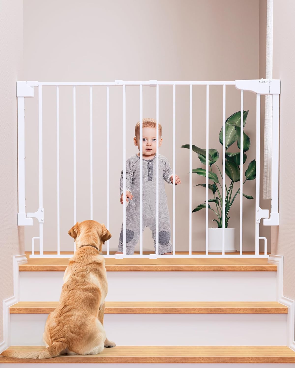 Cumbor 29.2-43" No Bottom Bar Baby Gate for Stairs, 2-in-1 Hardware Mounted Dog Gate Indoor, Auto Close Pet Gate for Doorways with Large Walk Thru Door, Wide Child-Proof Safety Gates for Kids (White)