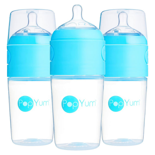PopYum 9 oz Blue Anti-Colic Formula Making/Mixing/Dispenser Baby Bottles, 3-Pack with #2 Medium Flow Nipples, 260 ml, BPA-Free, Natural Latch