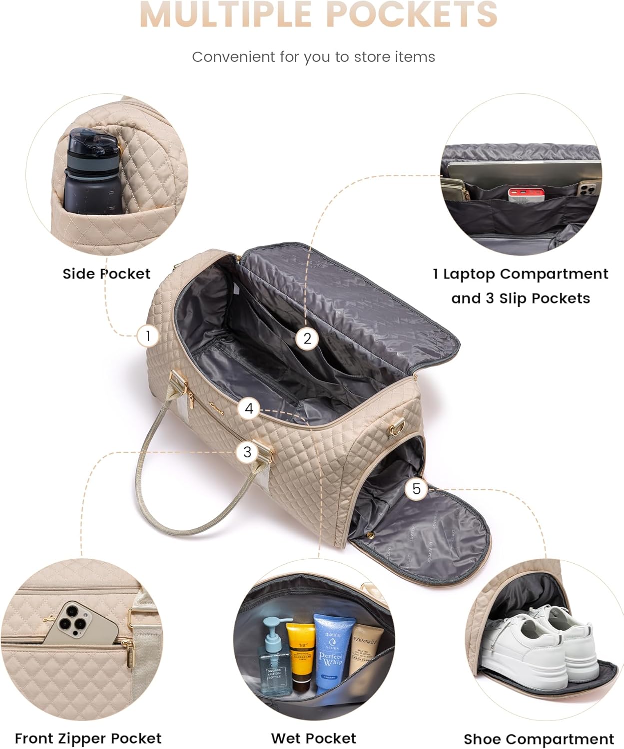 LOVEVOOK Travel Duffle Bag, 40L Weekender Overnight Bag with Toiletry, Quilted Carry On Bags with Shoe Compartment, Gym Duffel with Wet Pocket for Women, Hospital Bags for Labor and Delivery