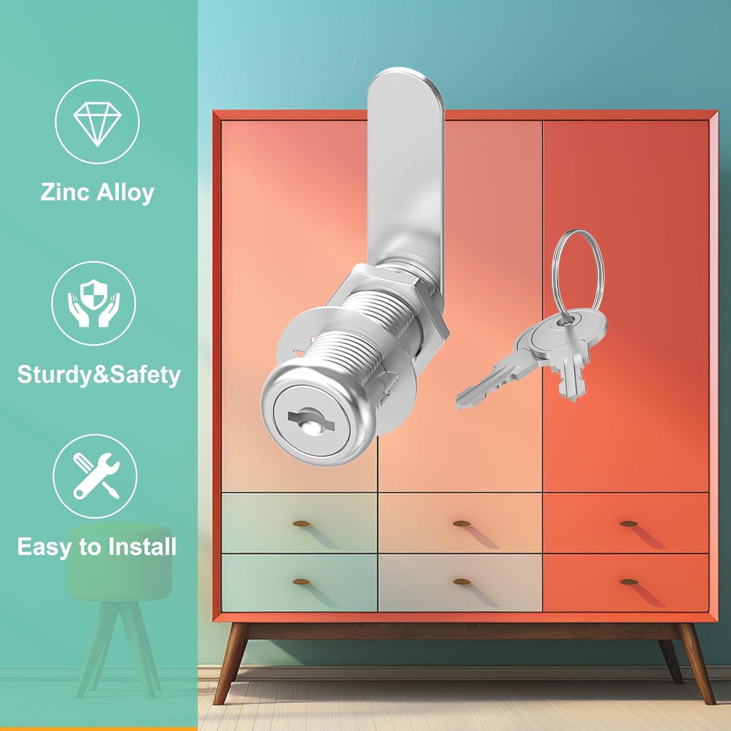 3 Pcs Cabinet Locks with Keys, 1-1/2'' Cam Lock Keyed Alike Fit 1-3/8'' Max Panel, Drawer Locks with Keys Secure Desk Drawer Toolbox Mailbox RV Storage Door, Zinc Alloy