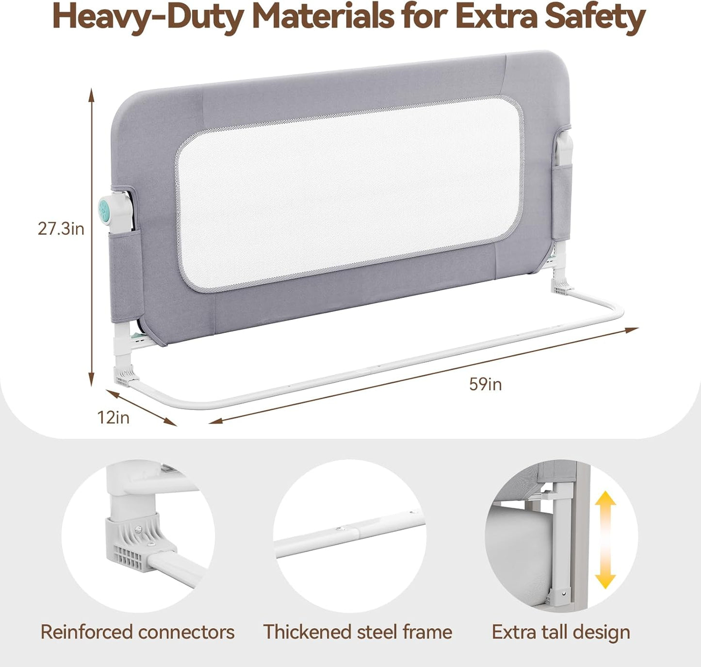 Reinforced Bed Rail for Toddlers – 59’’ Extra Long Safety Guard with Thickened Material, Adjustable & Folding Bed Rails for Twin, Full, Queen, King Beds