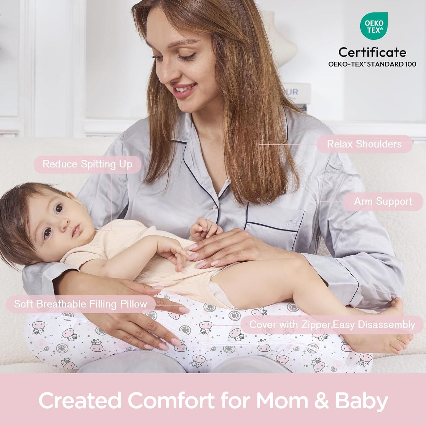 Nursing Pillow, Breast Feeding Pillows for Mom, Pink Calf Soft Cover with Breathable Filling, Feeding Support Pillow for 0-12 Months, Multifunctional Support Cushion for Travel (Cute Calf)