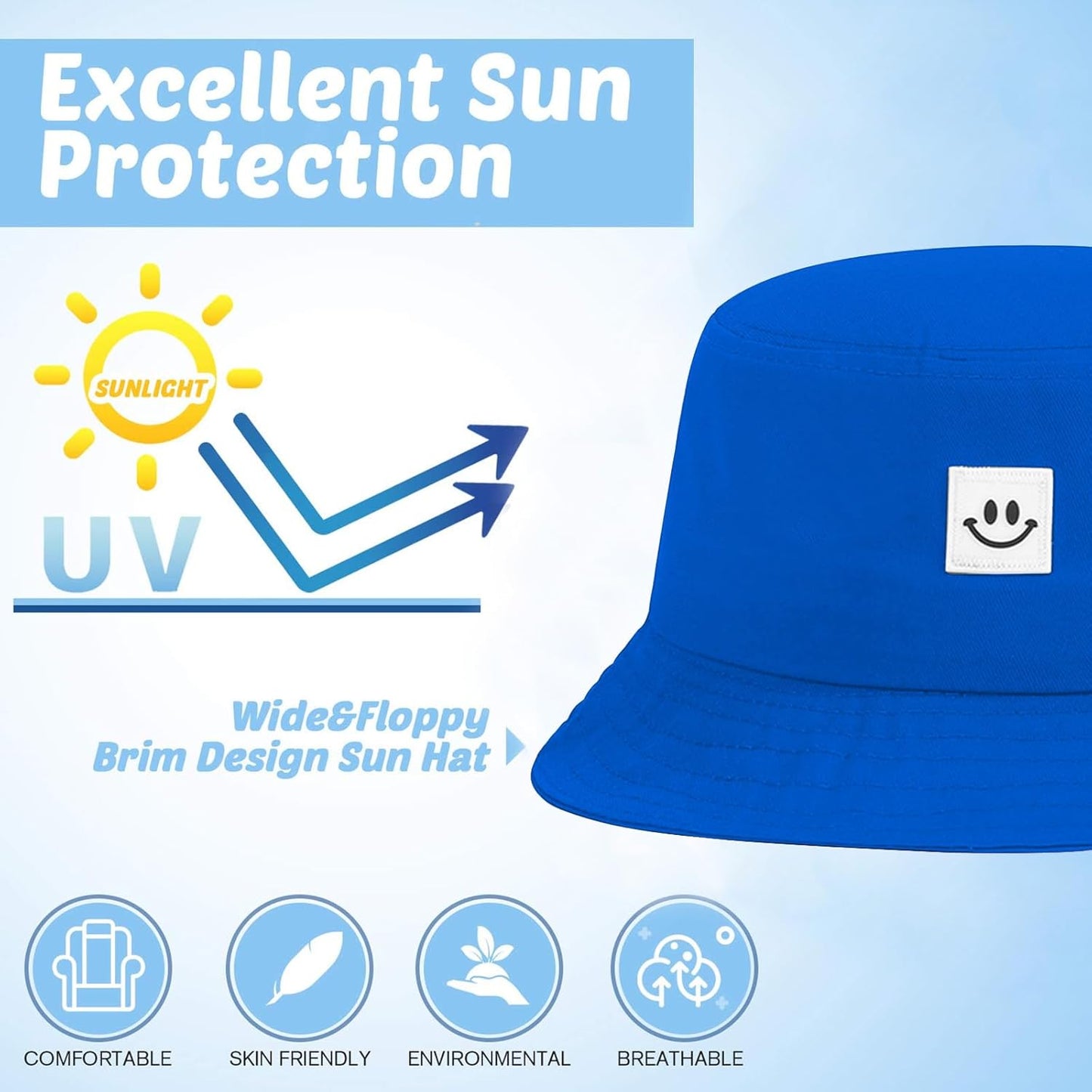 Kids Sun Hat Smile Face Bucket Hat for Girls Boys Summer Sun Protection Cotton Unisex Beach Cap