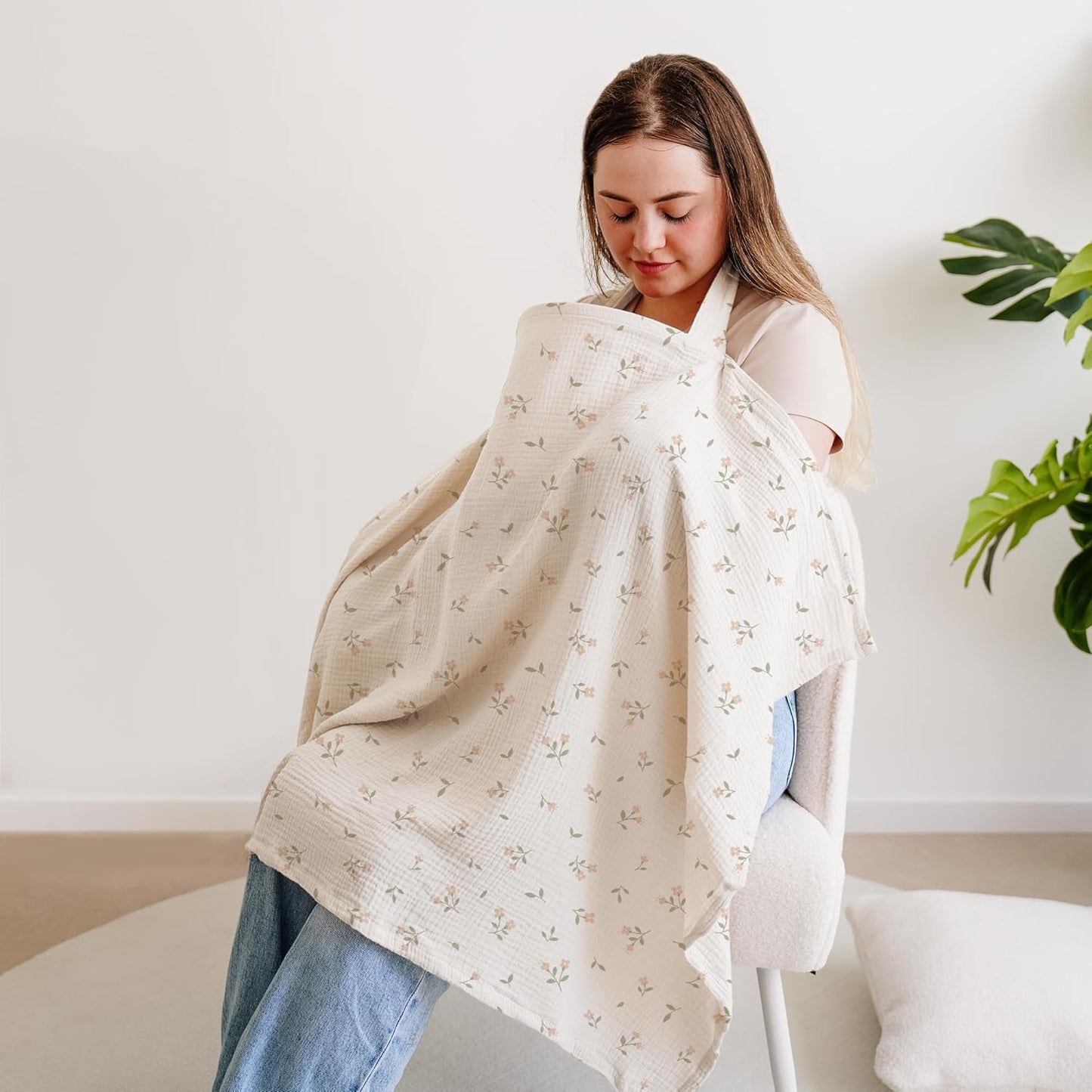 Muslin Nursing Covers for Breastfeeding, Privacy Breast Feeding Cover with Arch Neckline for Mom and Baby, Breathable 100% Cotton Nursing Apron Multi-use Stroller Cover