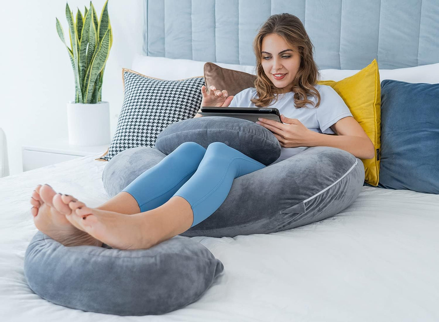 QUEEN ROSE Pregnancy Pillows - E Shaped Pregnancy Pillows for Sleeping, Detachable Body Pillow for Pregnant Side Sleeper, Grey Velvet Cover, 60in