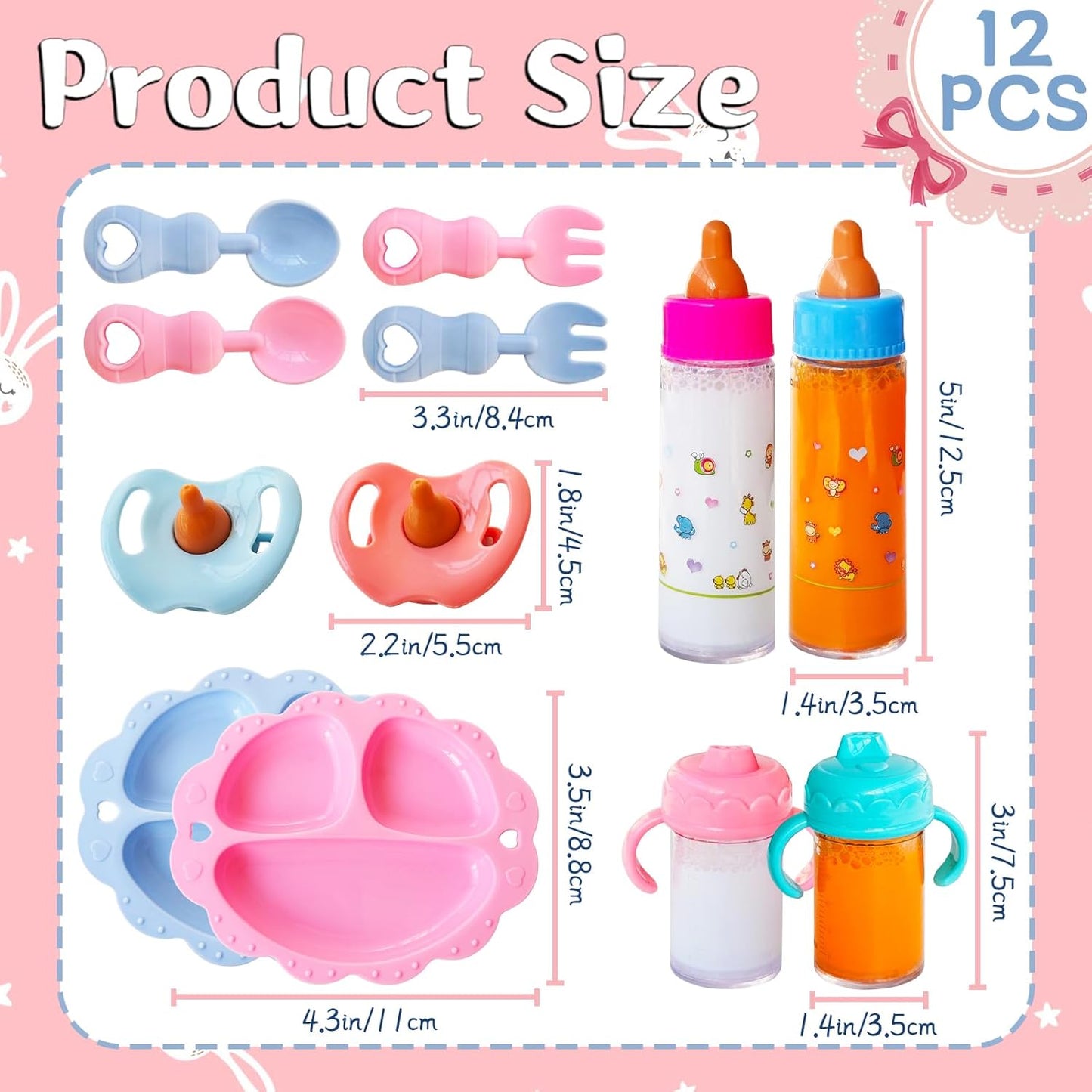 12 Pcs Baby Doll Accessories Magic Bottle set,Pretend Play Feeding Toy Set with Package,Doll Feeding Set for Kids Girls,Magic Disappearing Juice Milk Bottles,Sippy Cups,Pacifiers,Bowl Spoons