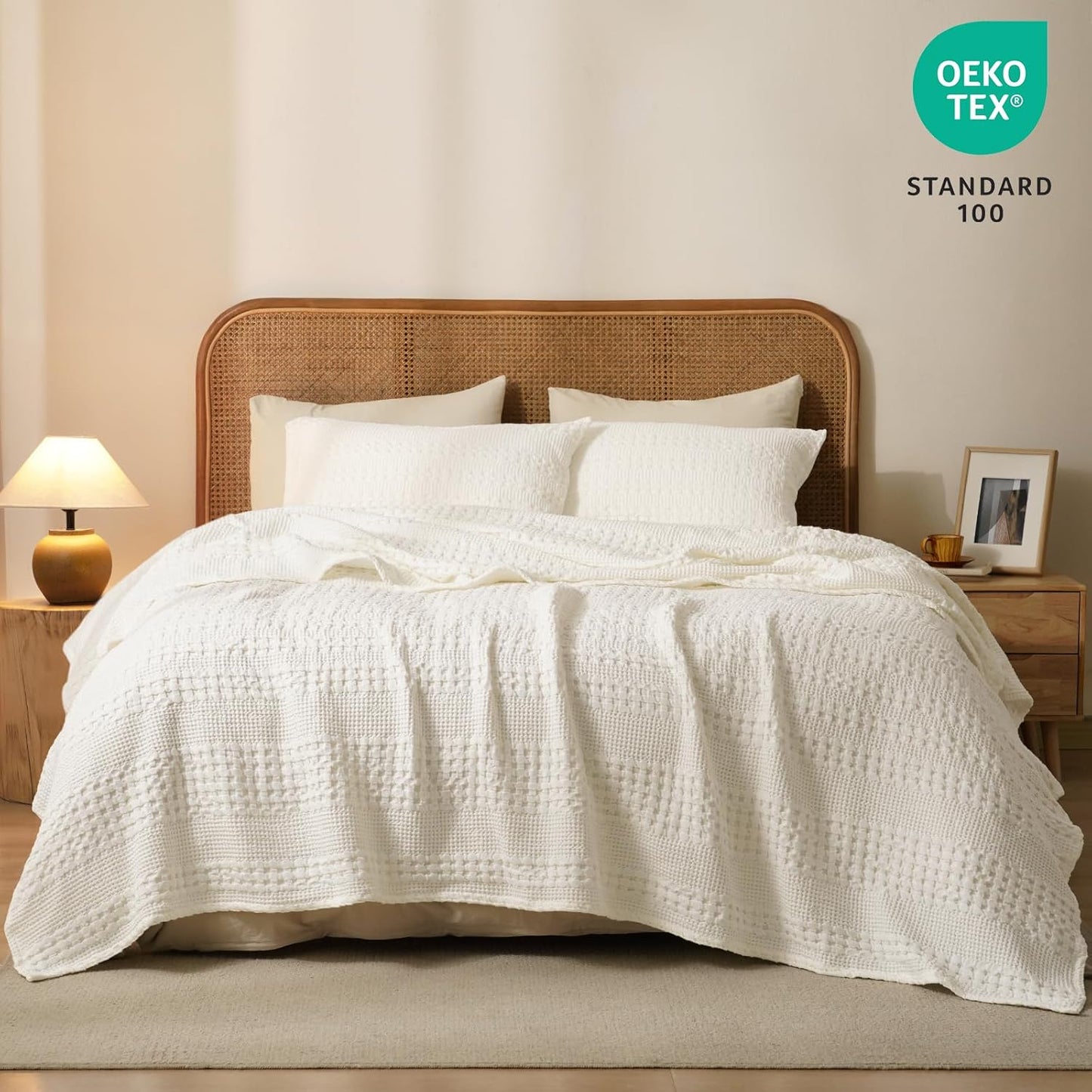 PHF 100% Cotton Waffle Weave Blanket Twin Size, Soft Lightweight Breathable Cozy Summer Blankets for Bed, Luxury Aesthetic Woven Bedding for Home Decor, 66"x90", Ivory