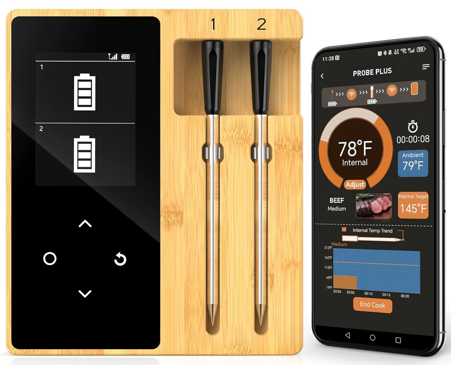 Smart Accurate Wireless Meat Thermometer - 2 Probes for BBQ, Smoking, Grilling, Cooking with Real-Time Alerts, Long Range Bluetooth, Dishwasher Clean, Waterproof for Indoor Outdoor Kitchen Use