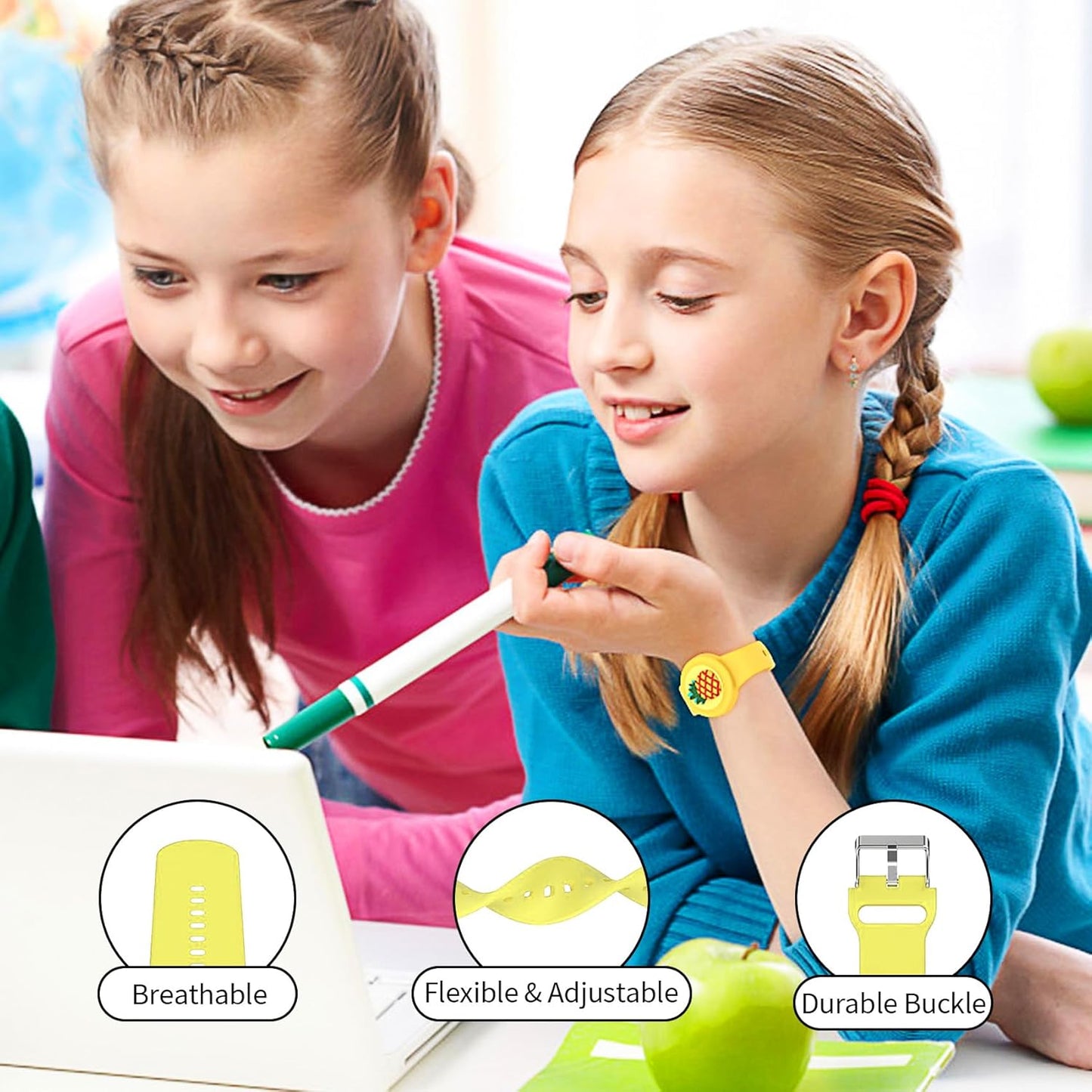 BoAn Waterproof Airtag Bracelet (3 Pack), Lightweight GPS Tracker Case Cover, Soft Silicone Hidden AirTag Wristband, Compatible with Apple Airtag Watch Band for Kids (Pink, Purple, Blue)