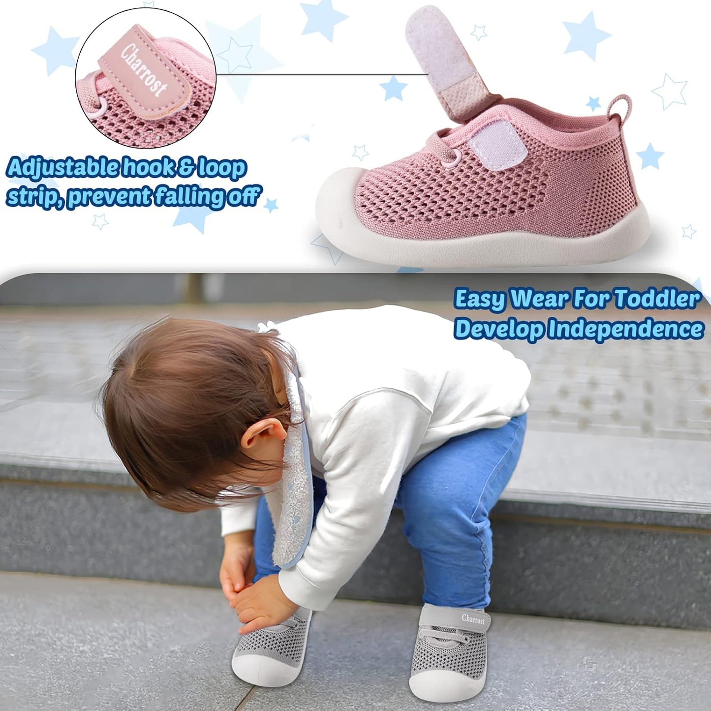 Baby First-Walking Shoes 1-4 Years Kid Shoes Trainers Toddler Infant Boys Girls Soft Sole Non Slip Cotton Canvas Mesh Breathable Lightweight TPR Material Slip-on Sneakers Outdoor