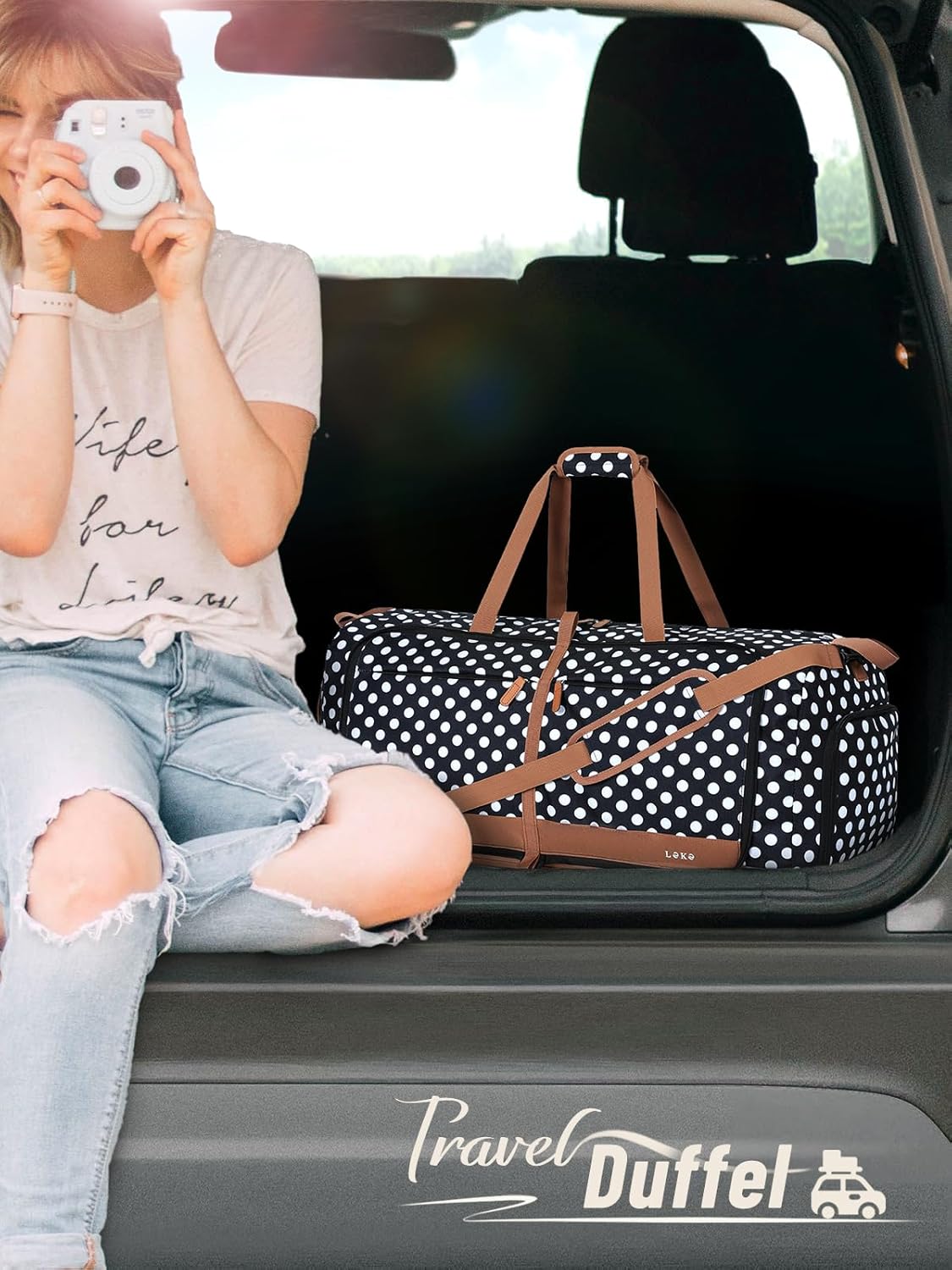 Lekesky Foldable Travel Duffel Bag for Women, 80L Large Duffle Bag with Separate Shoes Compartments & Straps, Carry On Weekend Bag for Women, Hospital, Overnight(Polka Dots)