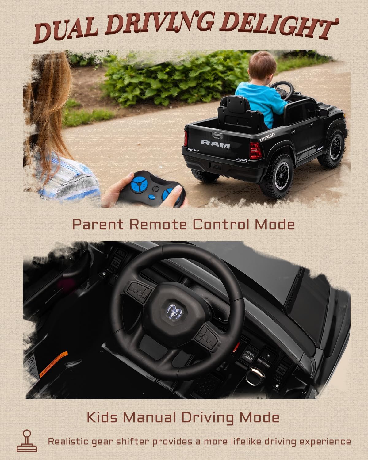 12V Licensed Ram 1500 Ride on Toy for Kids, Toddler Ride on Pickup Truck with Parent Remote Control, Electric Car for Kids with Truck Bed Storage, 3 Point Safety Belt (Black)