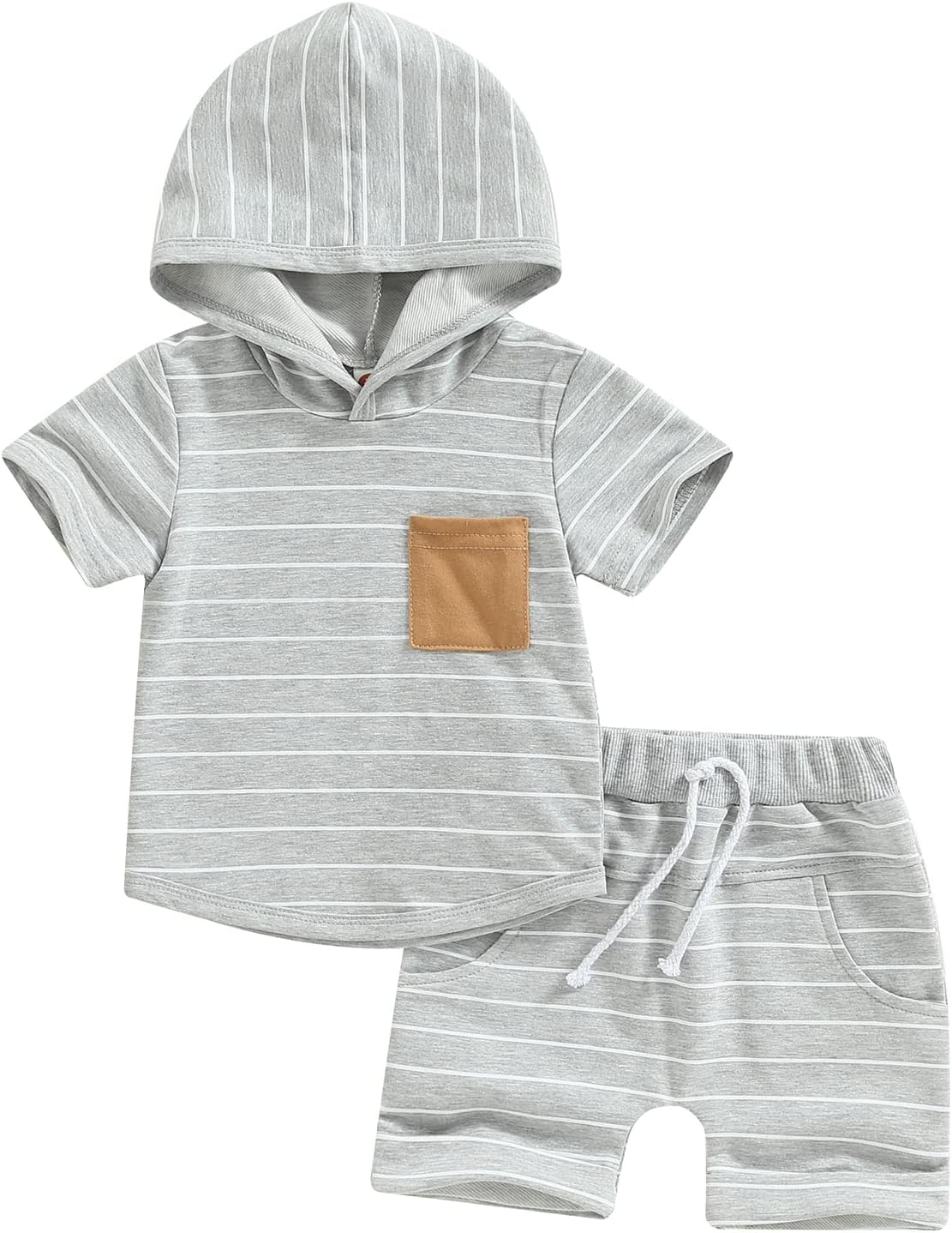 Toddler Baby Boy Summer Hooded Outfit Contrast Color Short Sleeve T Shirt Top Elastic Shorts Summer Clothes Set