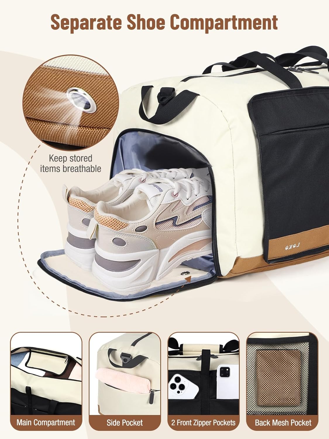 Lekesky Foldable Travel Duffle Bag for Women, Large Duffel Bag with Separate Shoes Compartments & Straps, Carry On Weekend Bag for Women, Hospital, Overnight (Camel & Brown, 80L)