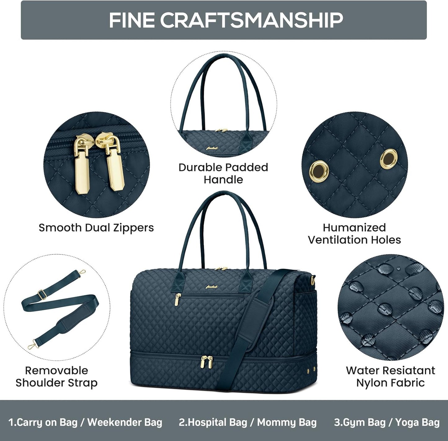 Travel Weekender Bags for Women - Duffle Bag Women with Shoe Compartment Carry On Overnight Bag with Toiletry Bag Duffel Bags with Wet Pocket for Gym Hospital Bags for Labor and Delivery Peacock Blue