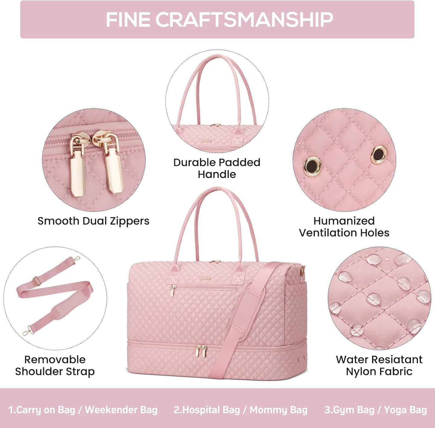 Travel Weekender Bags for Women - Large Duffle Bag with Shoe Compartment Carry On Overnight Bag with Toiletry Bag Pink Duffel Bags with Wet Pocket for Gym Hospital Bags for Labor and Delivery