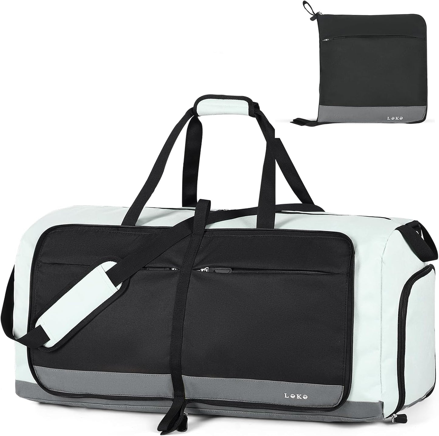 Lekesky Foldable Travel Duffle Bag for Women, Large Duffel Bag with Separate Shoes Compartments & Straps, Carry On Weekend Bag for Women, Hospital, Overnight (Grey & Brown, 60L)