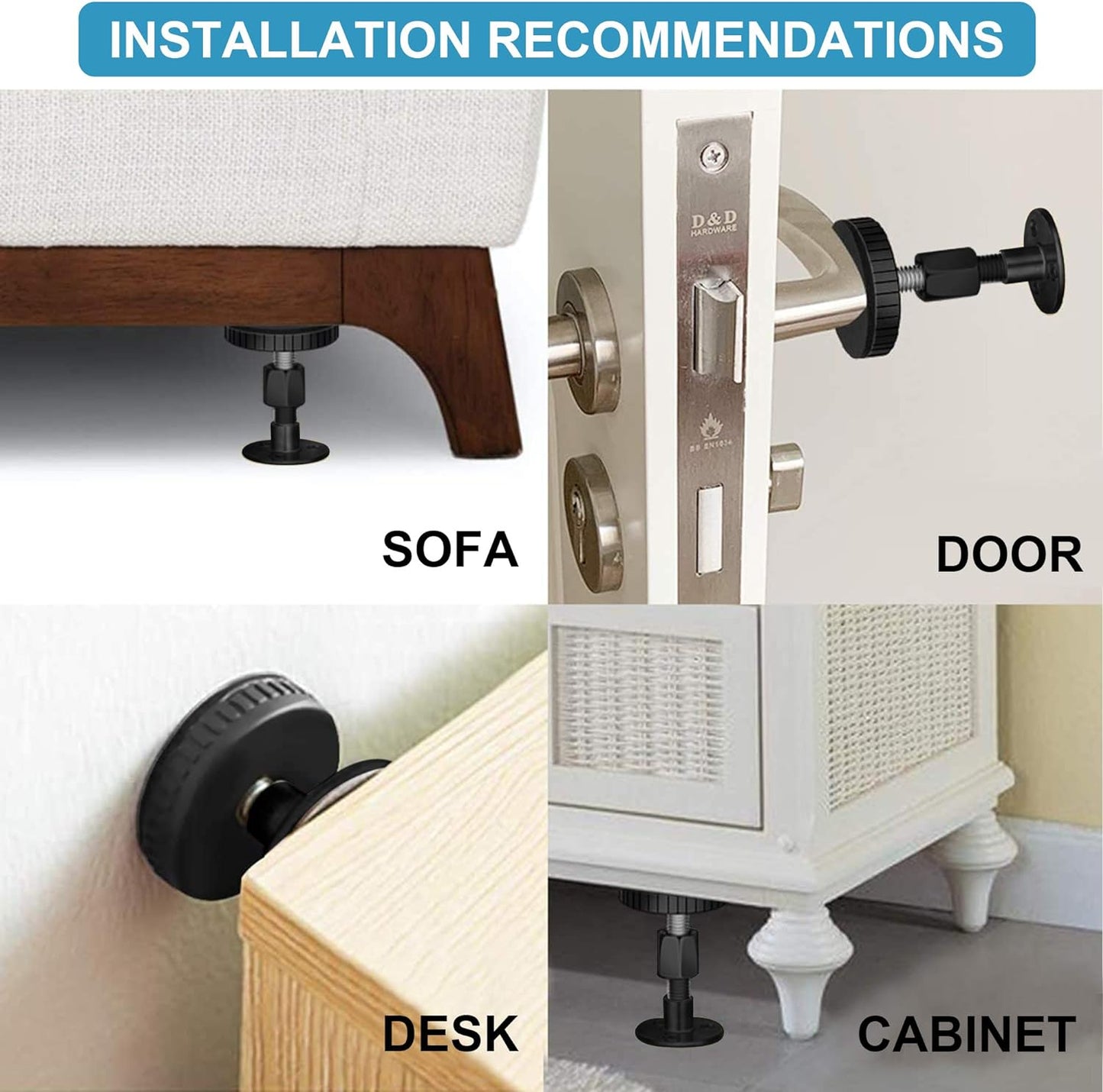 Neatbuddy 4PCS Black Adjustable Bed Frame Anti-Shake Tool, Headboard Stoppers with Free Furniture Pads and Screws, No More Creaking, Protect The Wall from Banging, Easy to Install (1.18"-3.54")